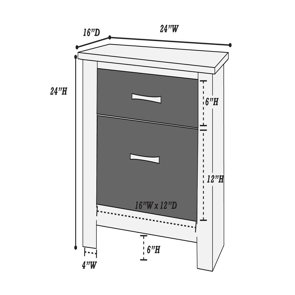 16"D  
24"W  
24"H  
6"H  
12"H  
16"W x 12"D  
4"W