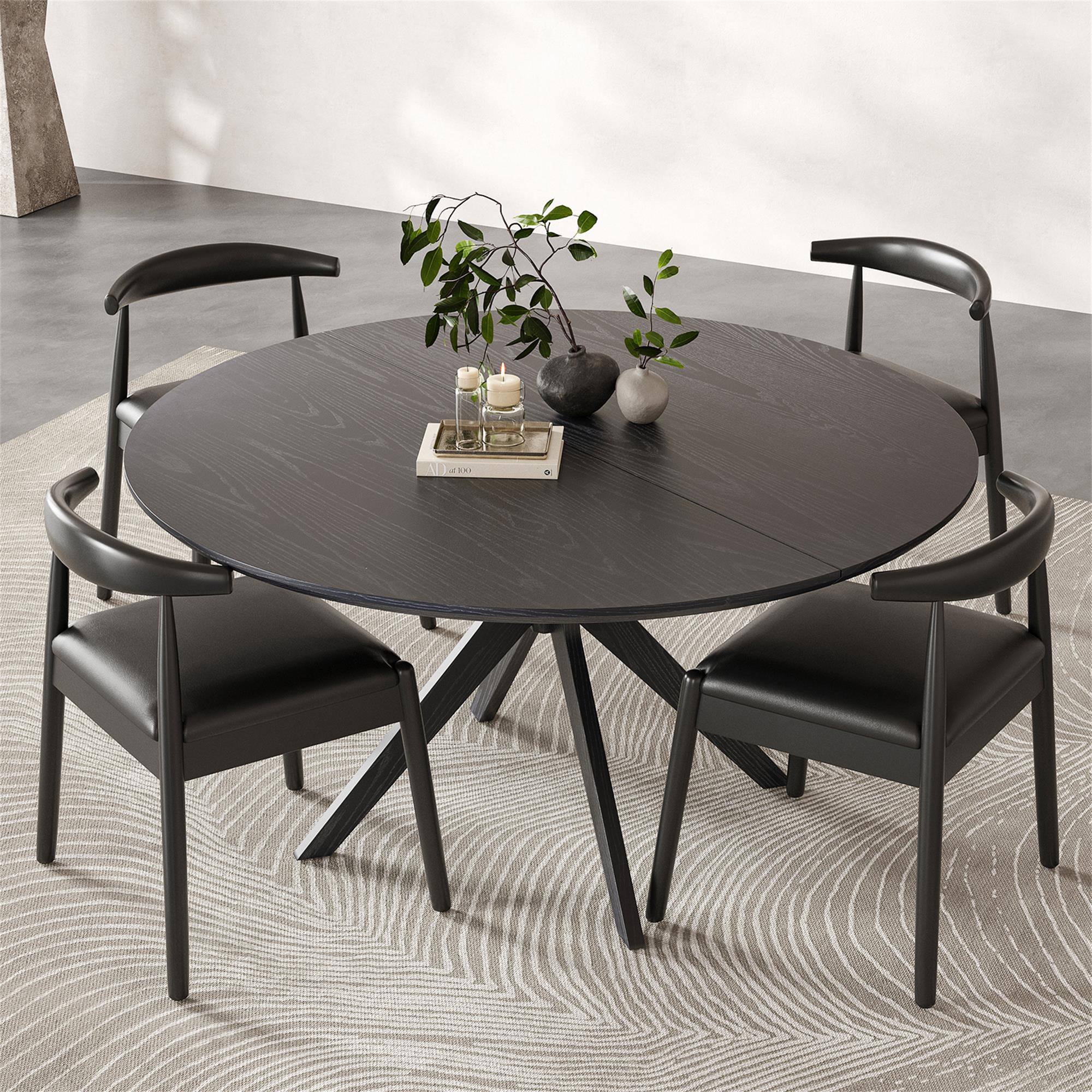 Alt View 1. Boyel Living - 47.2" Solid Wood Round Dining Kitchen Table for 4-6 People with Intersecting Pedestal Base - Black.