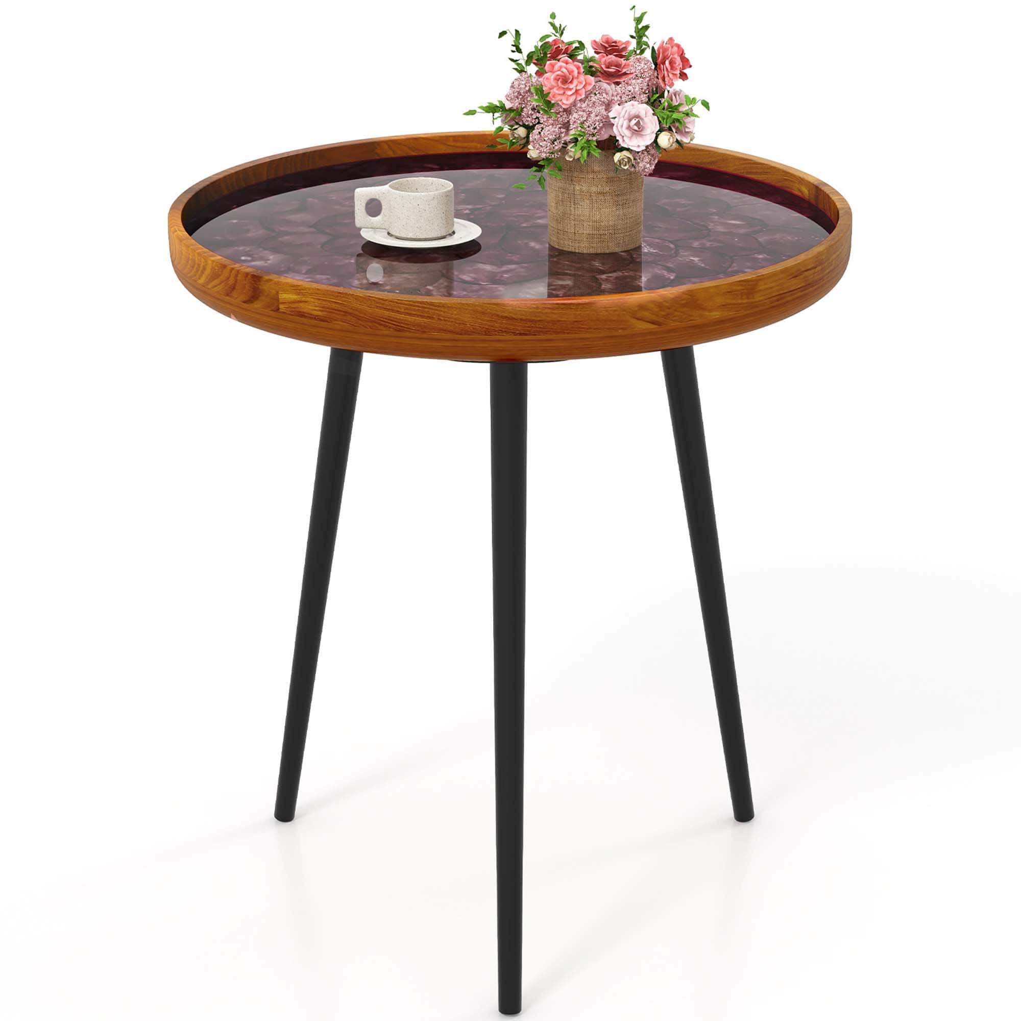 Costway - 20" Round End Table Mid-century Modern Coffee Table with Sea Shell Decoration - Brown