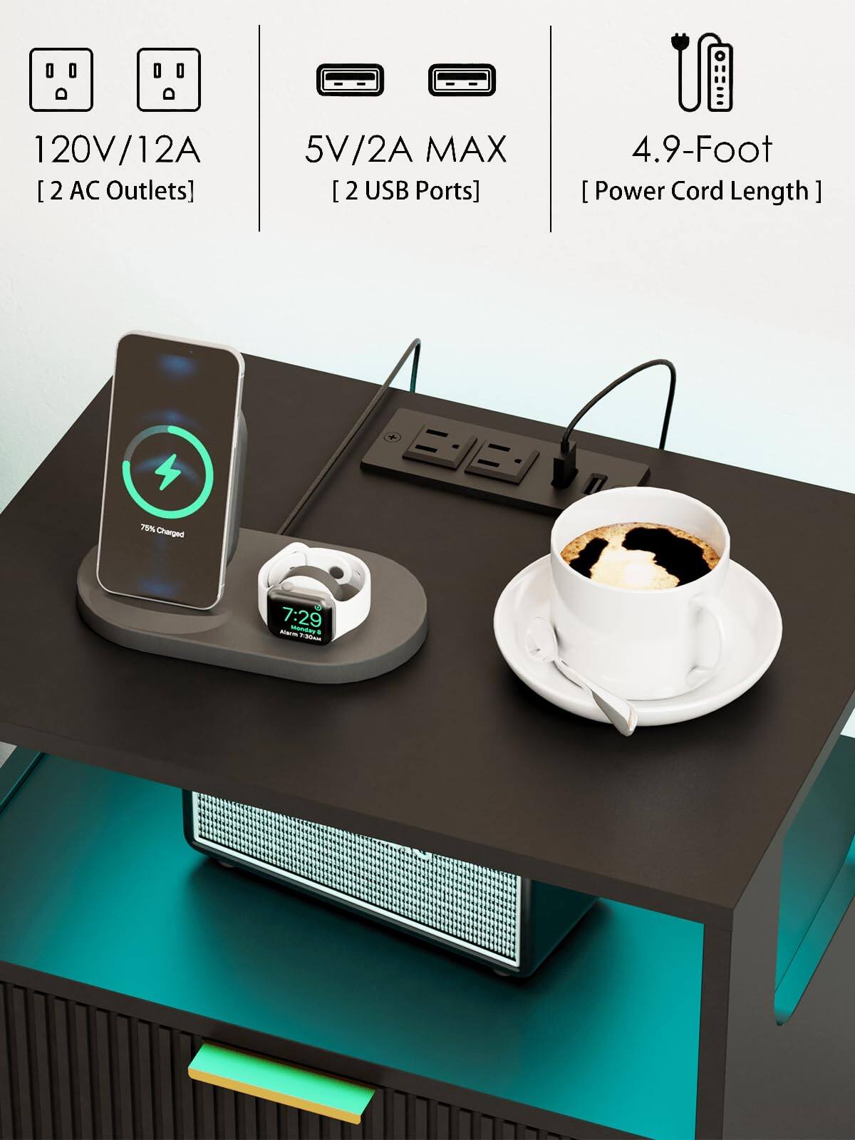 120V/12A [2 AC Outlets]  
5V/2A MAX [2 USB Ports]  
4.9-Foot [Power Cord Length]  
75% Charged  
7:29  
Alarm 7:30am