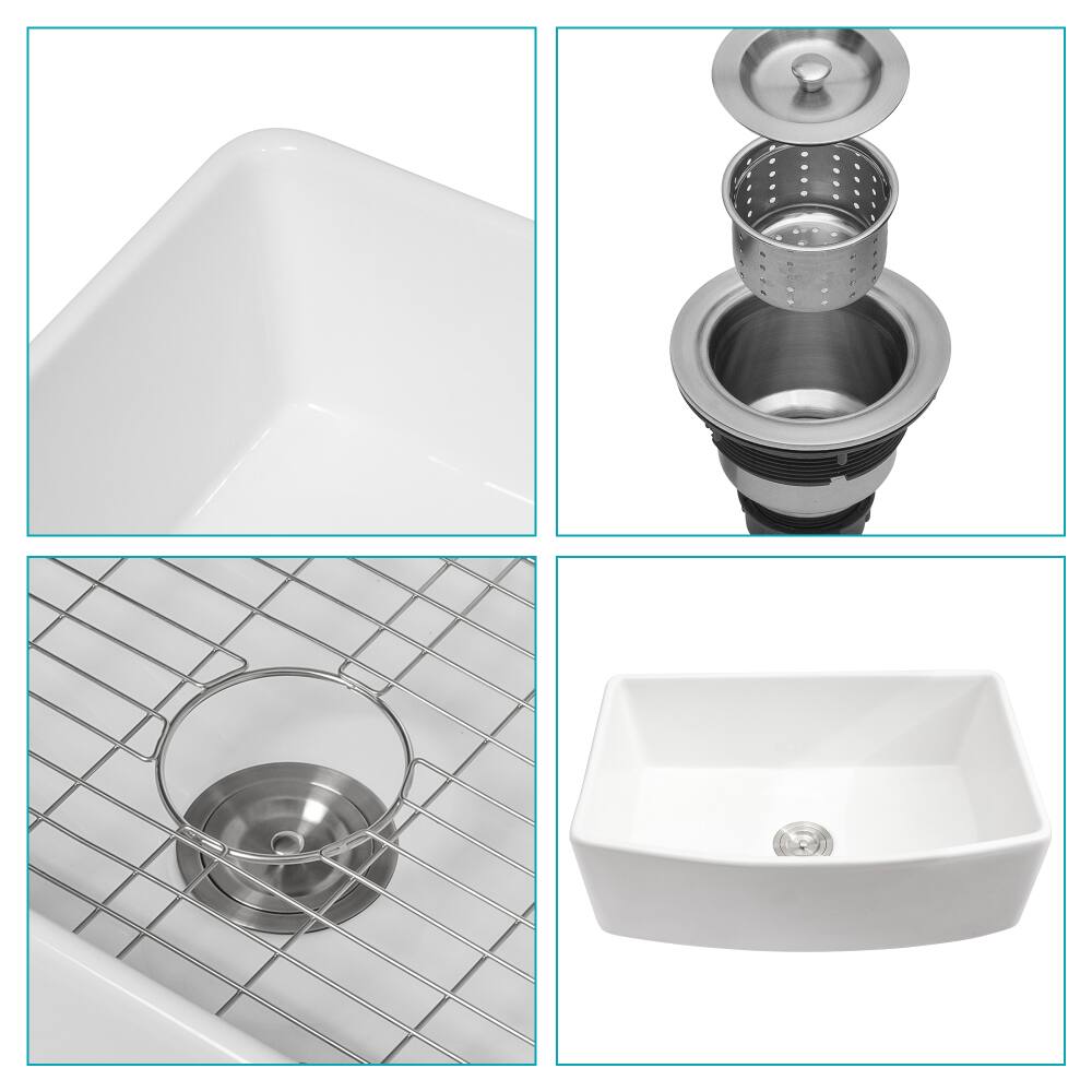 Alt View 1. JUJABU - 33 x 19 x 10 in. White Ceramic Farmhouse Kitchen Sink Arch Edge Apron Front Single Bowl - White.