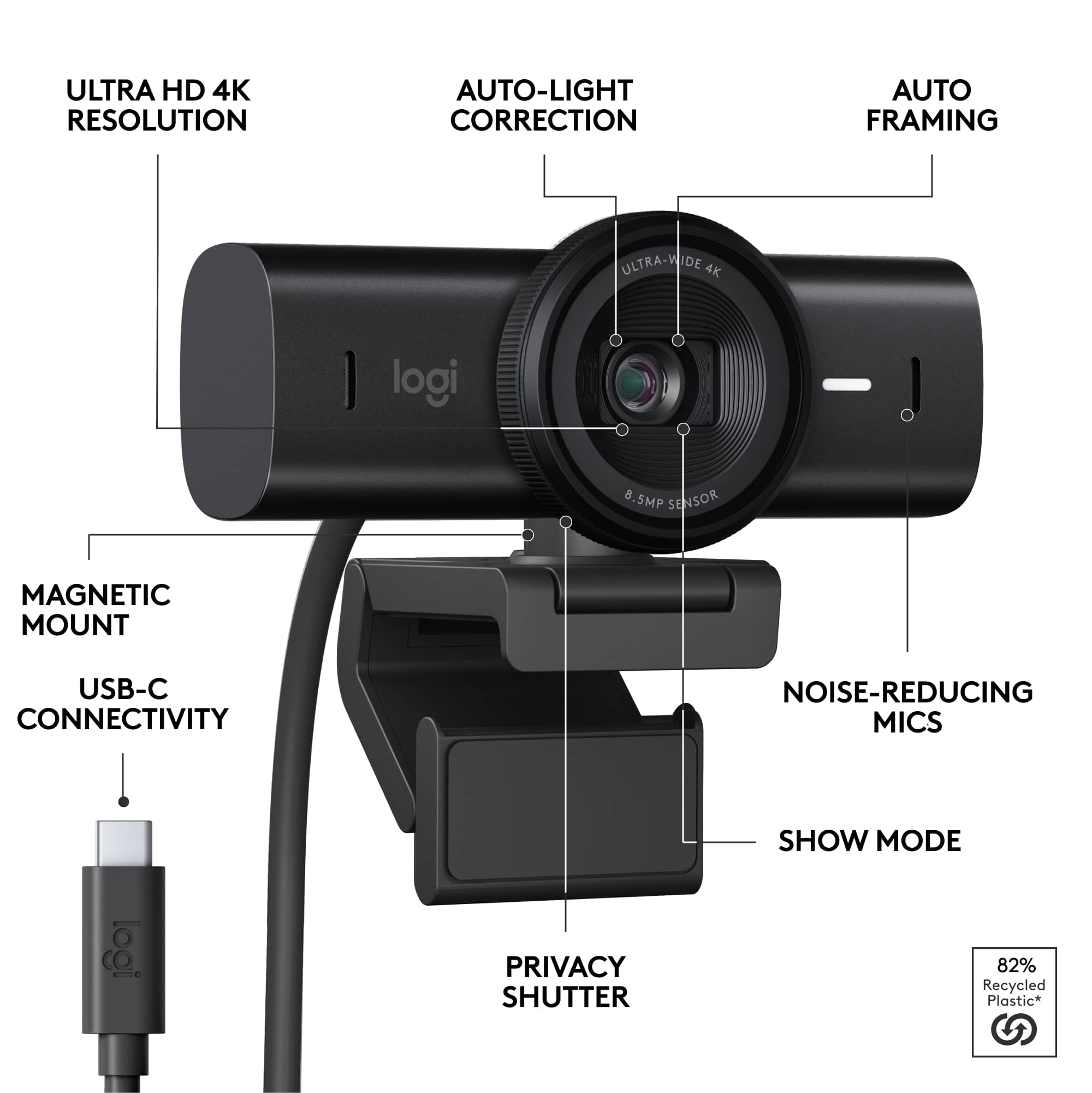 The image shows a close-up view of a Logitech webcam, which has a 4K resolution and auto-light correction. The webcam also features auto-framing and a magnetic mount for easy attachment. Additionally, it has a USB-C connectivity and noise-reducing mics for improved audio quality. The webcam is designed with a privacy shutter for added security.