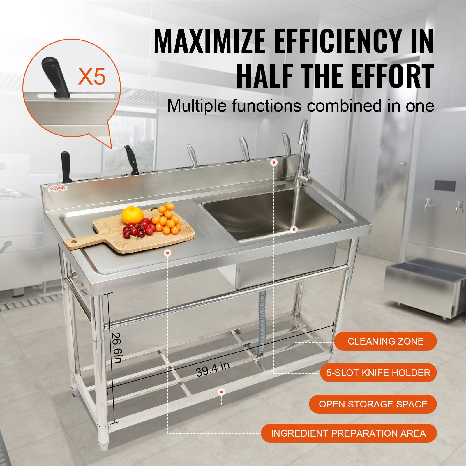 X5, MAXIMIZE EFFICIENCY IN HALF THE EFFORT, Multiple functions combined in one, VEYSR, 26.6in, 39.4 in, CLEANING ZONE, 5-SLOT KNIFE HOLDER, OPEN STORAGE SPACE, INGREDIENT PREPARATION AREA
