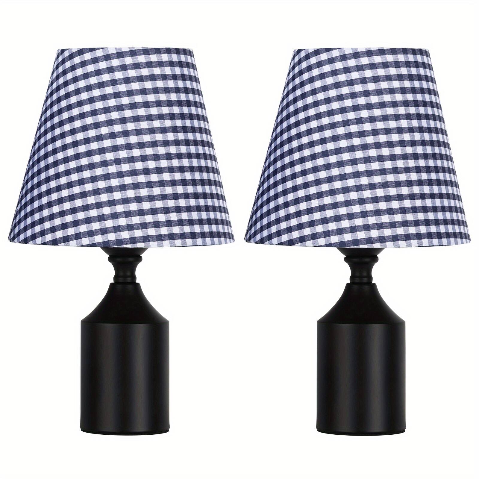 Angle. Oumilen - 2-Pack Table Lamps, Black Metal Base with Blue White Gingham Fabric Shade, E26 Socket In-Line Switch for Bedroom.