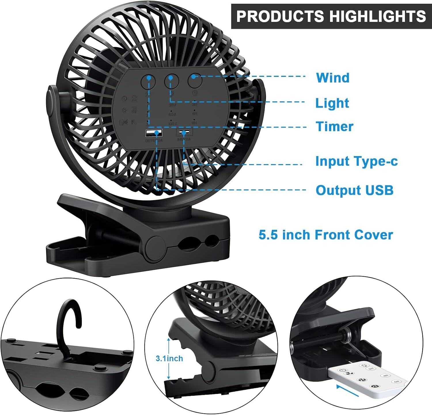 Schertz - Portable USB Fan with Remote, LED Light, 12000mAh Rechargeable Battery