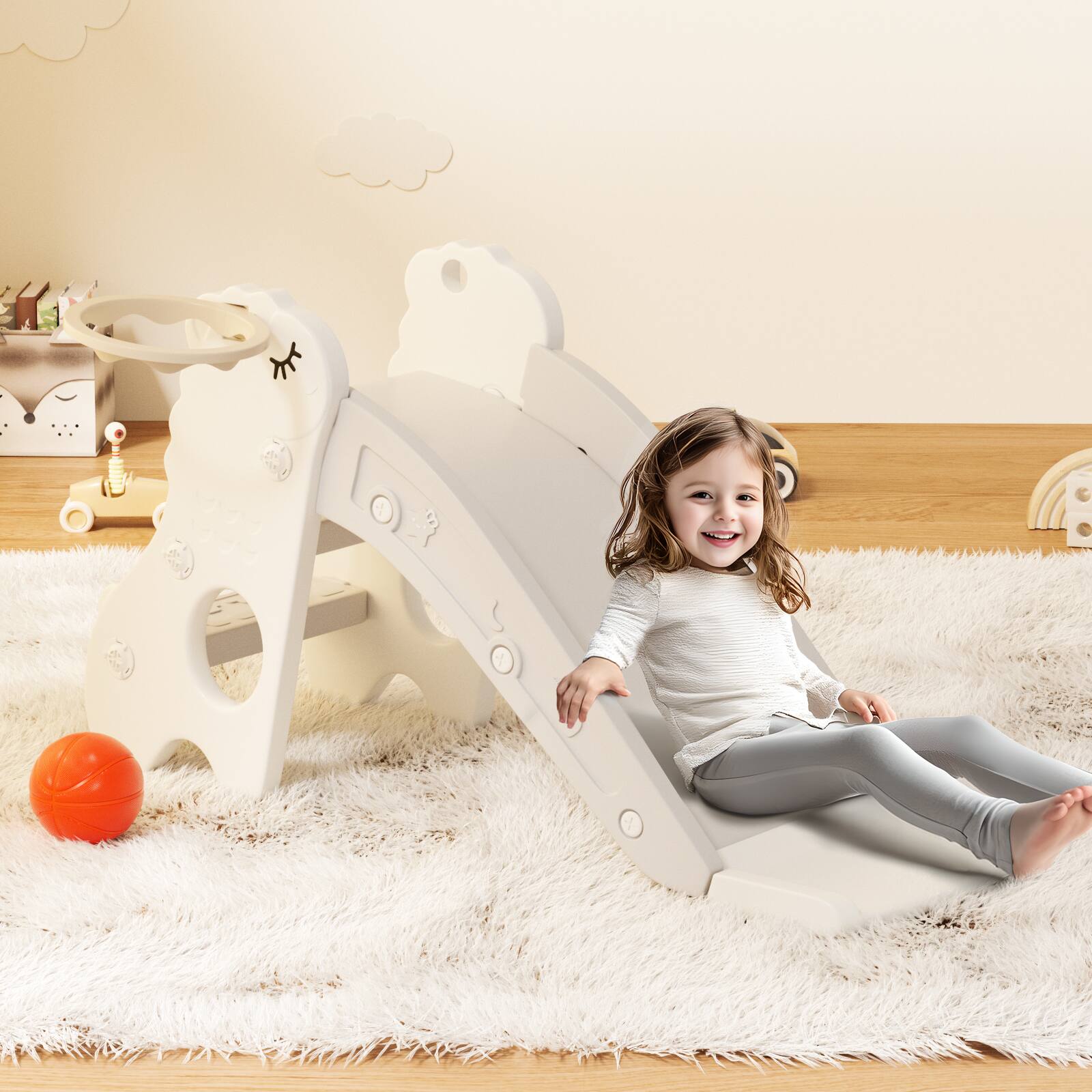 Alt View 1. Topteng - 3-in-1 Foldable Toddler Slide with Climber & Basketball Hoop - Pink.