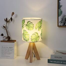Oumilen - Small Tripod Table Lamp with Wooden Base & Green Leaf Fabric Shade