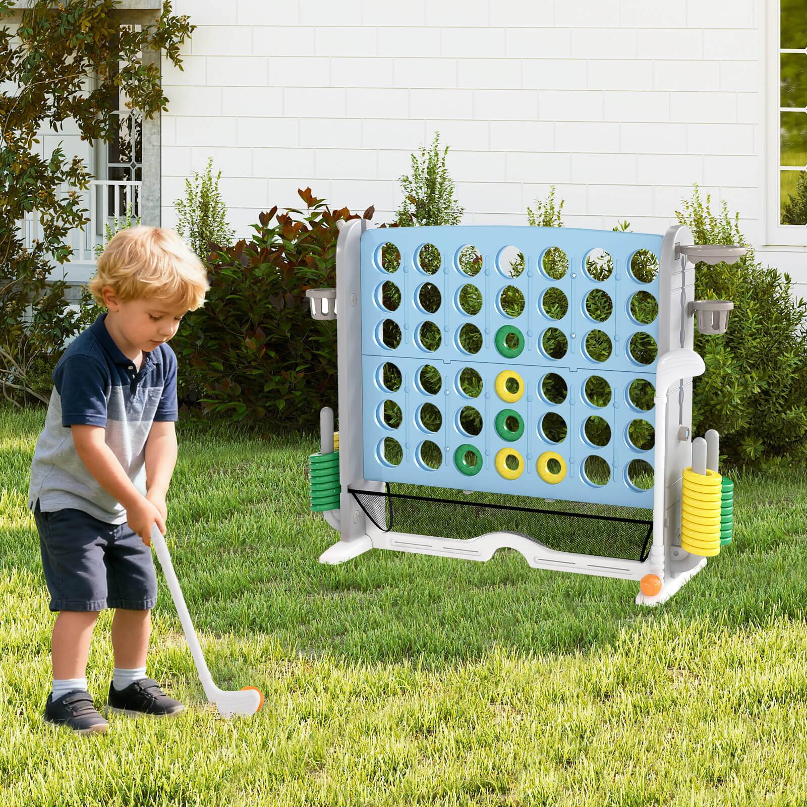 Alt View 3. Costway - Costway Giant 4-in-a-Row Game Set with Ring-toss, Basketball Hoop, Golf Club & Cup Holders - Light Blue,Gray.