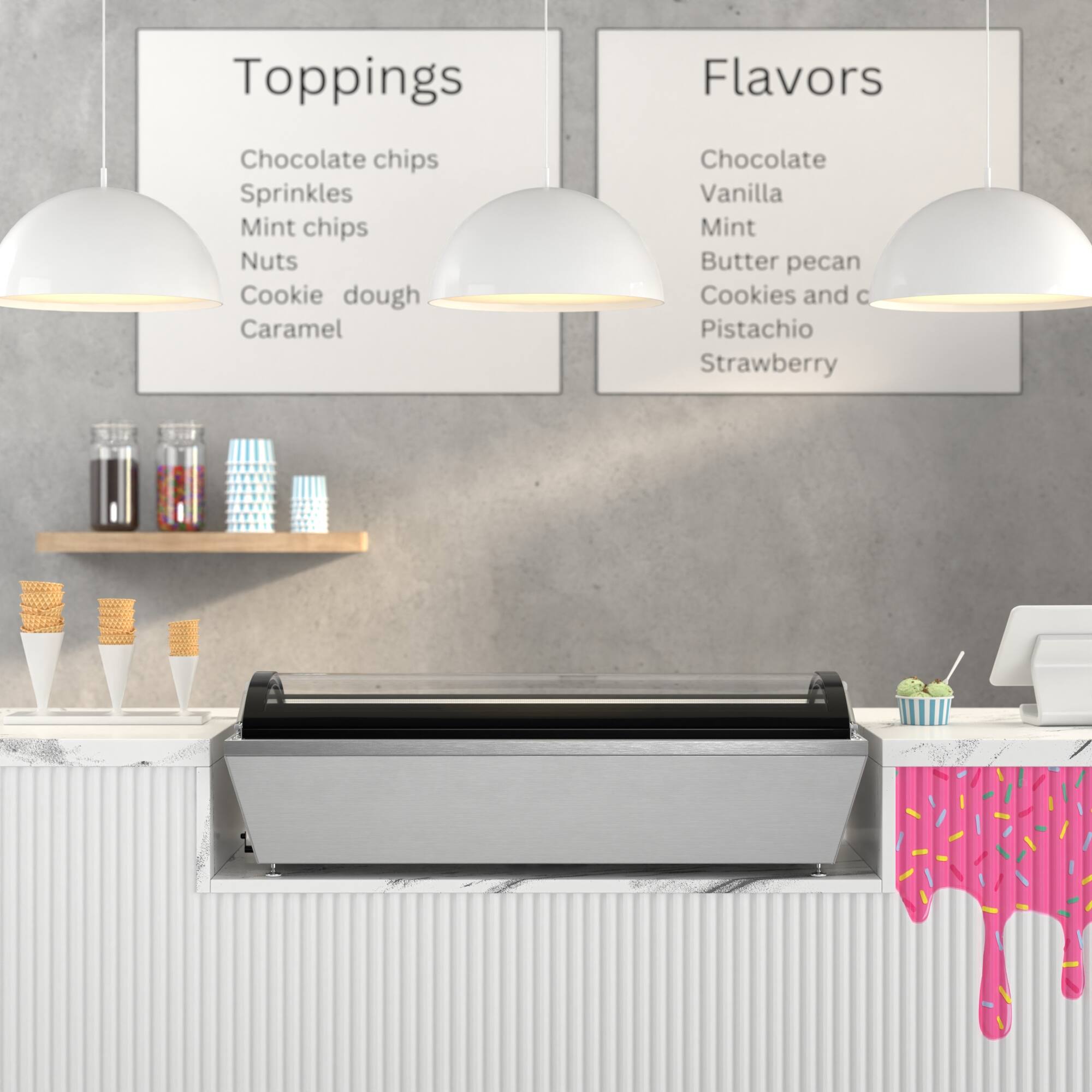 Toppings: Chocolate chips, Sprinkles, Mint chips, Nuts, Cookie dough, Caramel

Flavors: Chocolate, Vanilla, Mint, Butter pecan, Cookies and cream, Pistachio, Strawberry