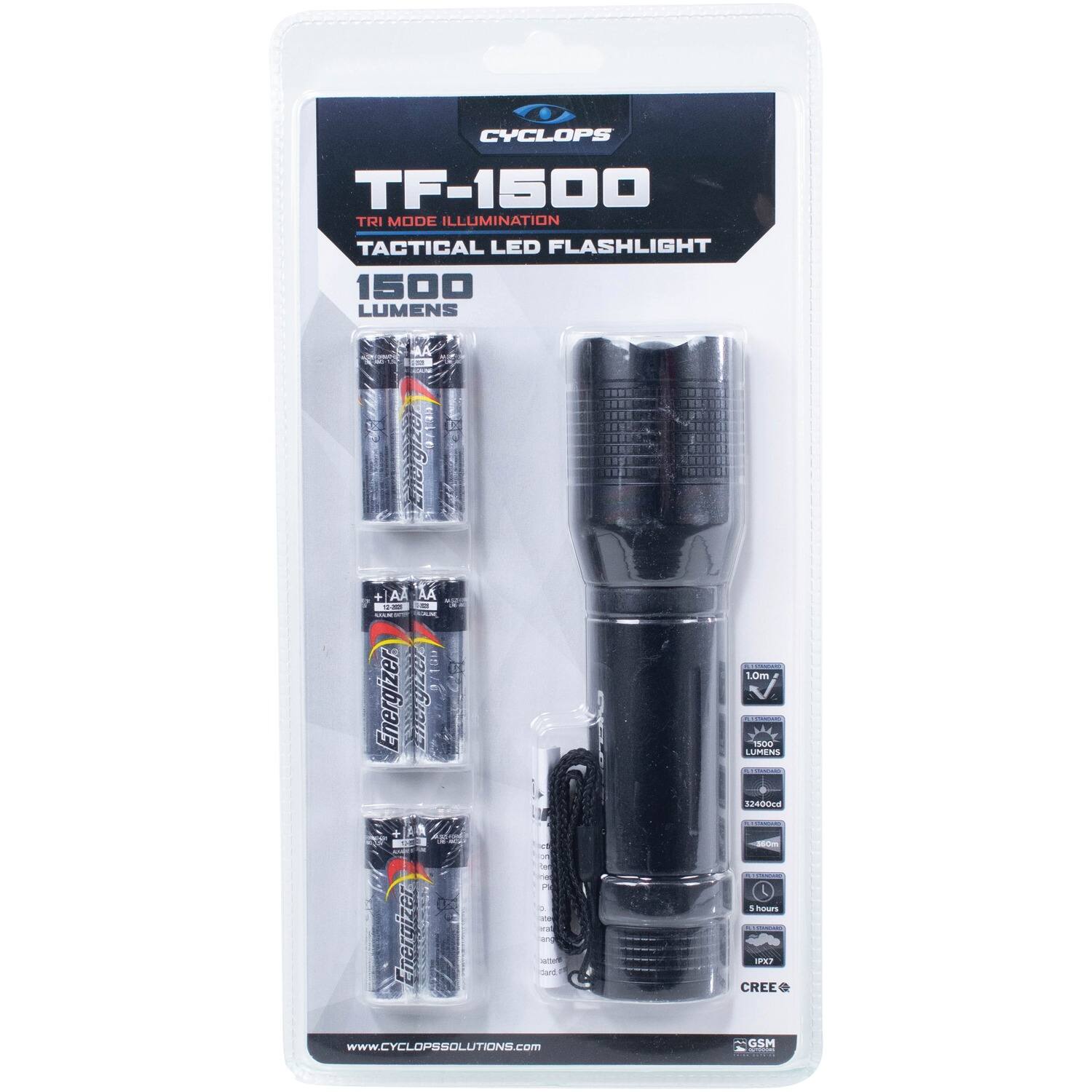 CYCLOPS TF-1500 TRI MODE ILLUMINATION TACTICAL LED FLASHLIGHT 1500 LUMENS ELO Penarre AA - | s B Energizer Eergr 1.0m MA LUMIENS POOOFES - - 1 .  Energizer an s cr Www.CYCLOPSSOLUTIONS.com - | L 1 h  P12 CREE GSM adad