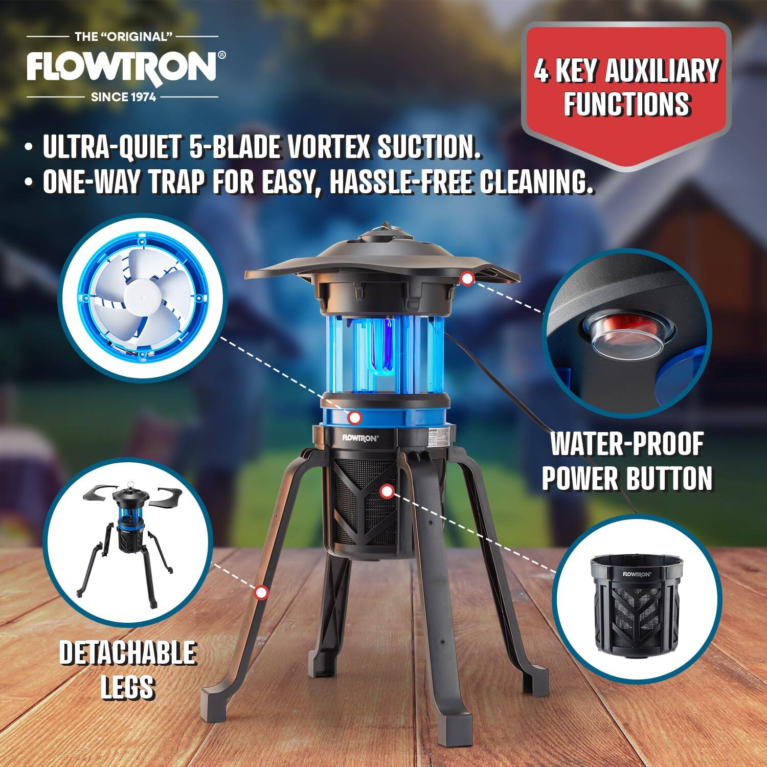 THE "ORIGINAL" FLOWTRON  
SINCE 1974  

- ULTRA-QUIET 5-BLADE VORTEX SUCTION.  
- ONE-WAY TRAP FOR EASY, HASSLE-FREE CLEANING.  

4 KEY AUXILIARY FUNCTIONS  

- WATER-PROOF POWER BUTTON  
- DETACHABLE LEGS