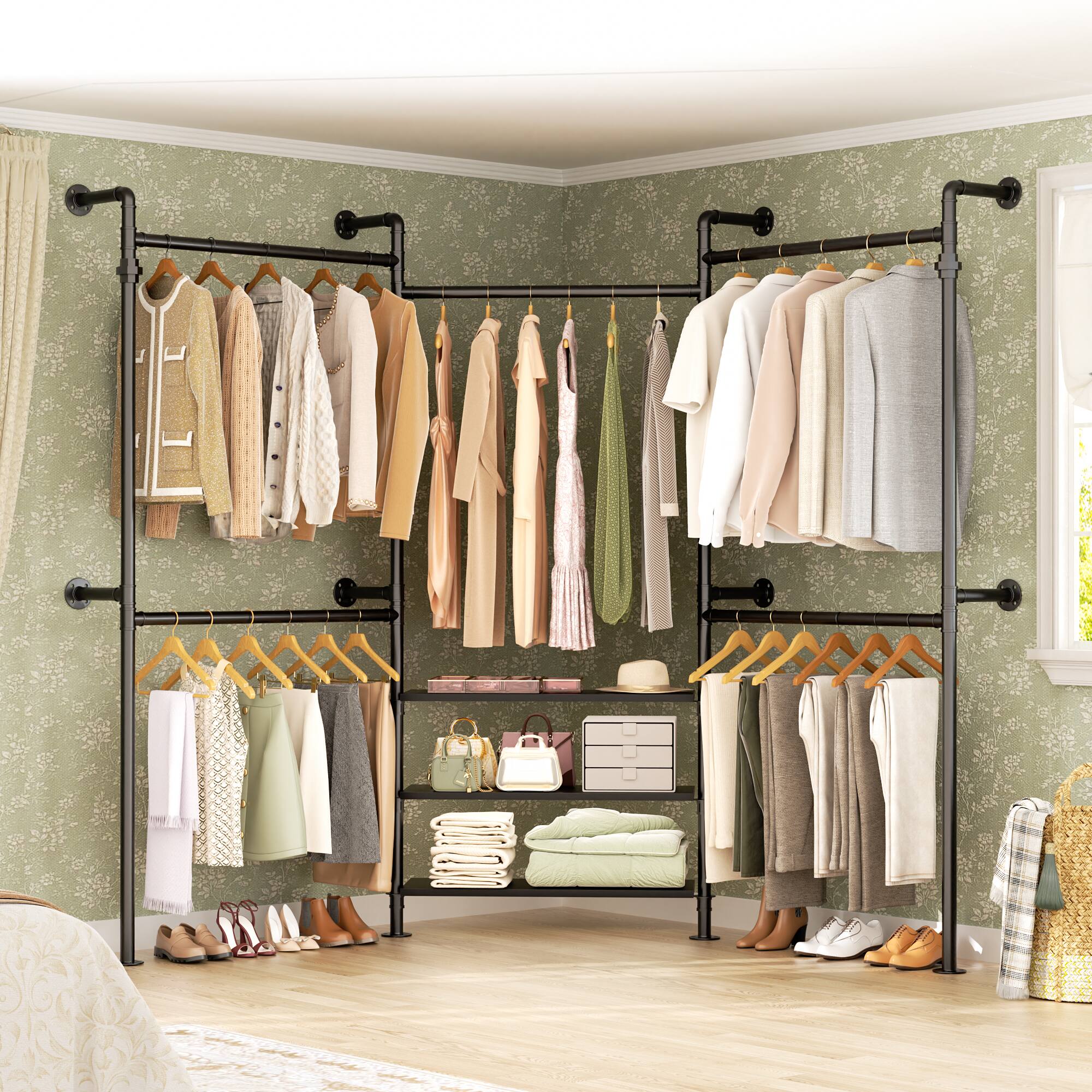 Left. Aheaplus - Adjustable Wall-Mounted Metal Clothing Rack: 3-Tier Wood Shelves, 84"-128", 1000LB Capacity - Black.