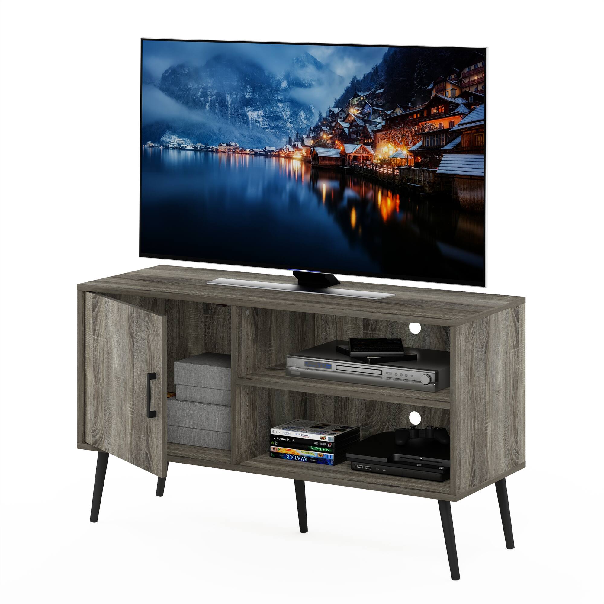 Furinno Claude Mid Century Style TV Stand with Wood Legs, One