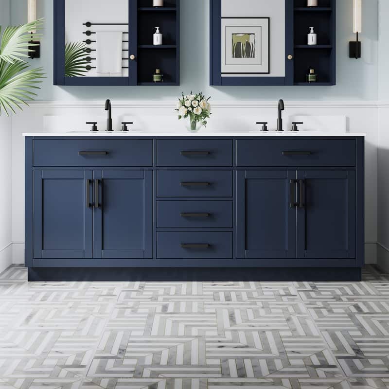 "WELLFOR - 80"" Solid Wood Bathroom Vanity with Double Sink, 4 Soft-Close Doors, 6 Drawers& Cultured Marble Countertop - Navy Blue" price history on PriceWatchPro