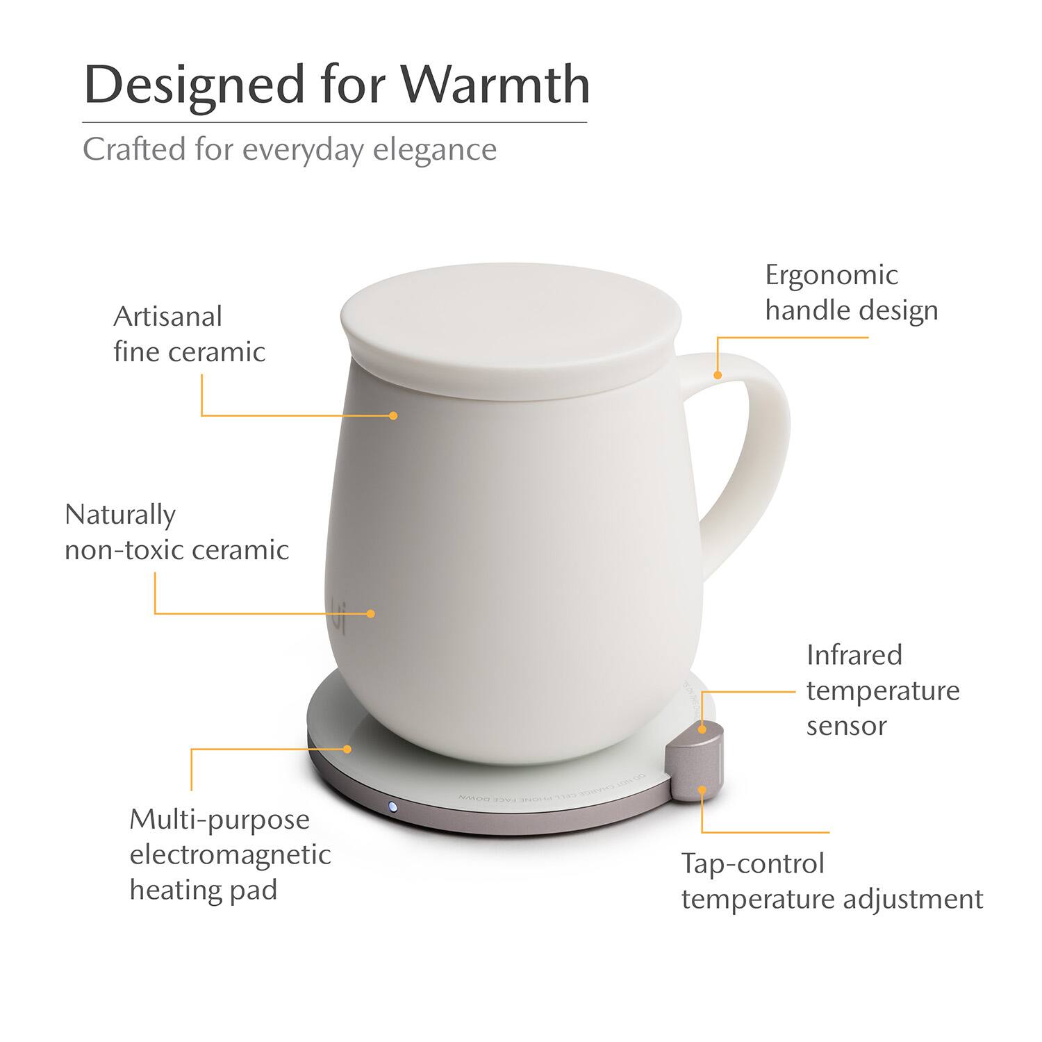 Designed for Warmth  
Crafted for everyday elegance  
Artisanal fine ceramic  
Ergonomic handle design  
Naturally non-toxic ceramic  
Infrared temperature sensor  
Multi-purpose electromagnetic heating pad  
Tap-control temperature adjustment