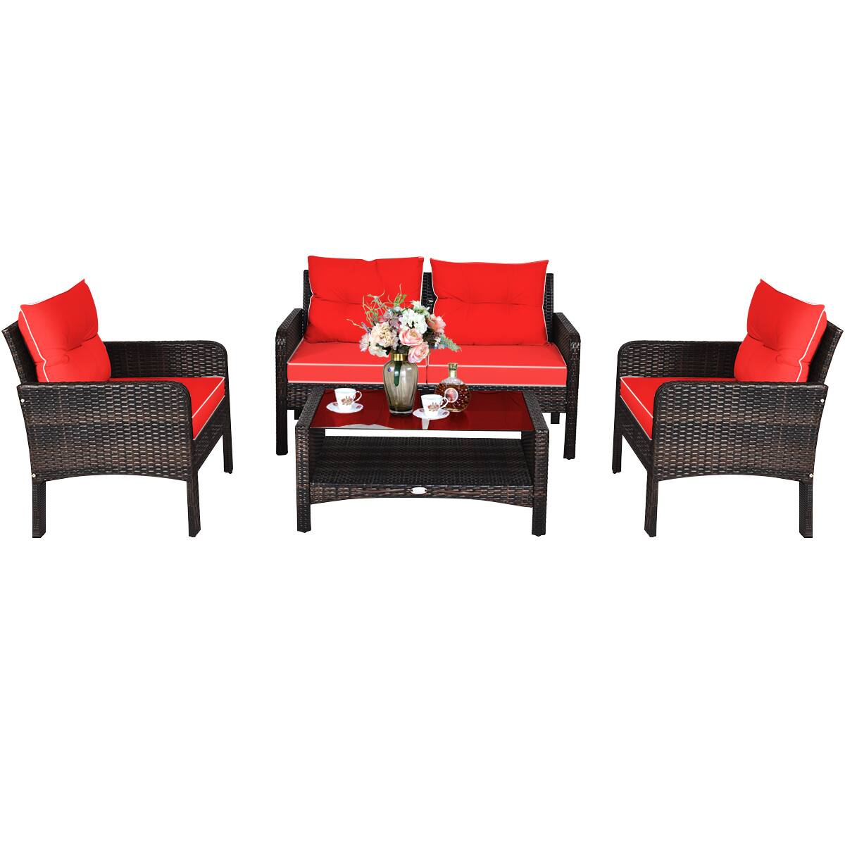 Alt View 8. Costway - Costway 4PCS Patio Rattan Furniture Set Loveseat Sofa Coffee Table Garden W/ Cushion - Red.