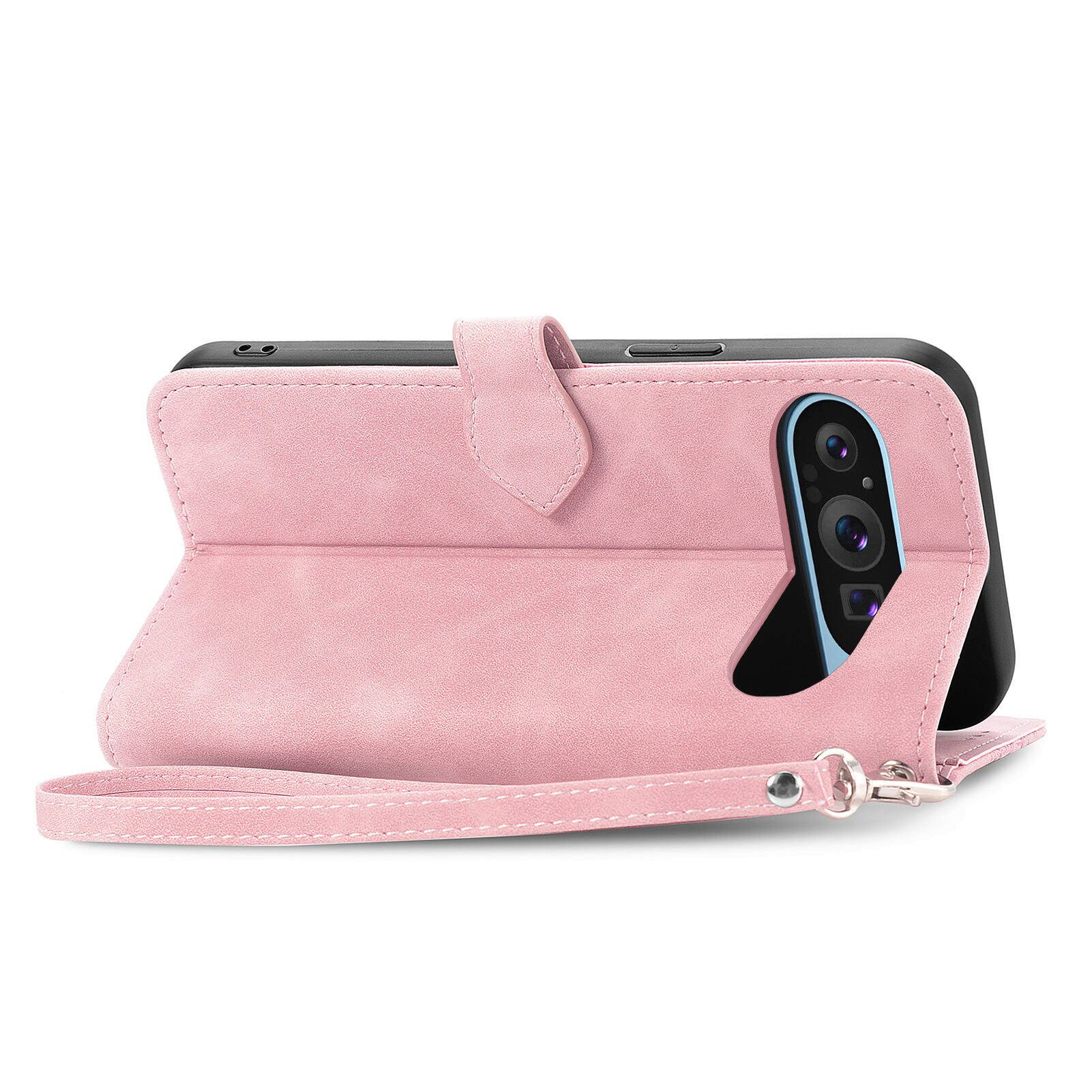 Alt View 1. Dteck - for Google Pixel 10 Pro XL/9 Pro XL Wallet Case,Shockproof PU Leather Card Holder Cover with Zipper Pocket & Wrist Strap - Pink.
