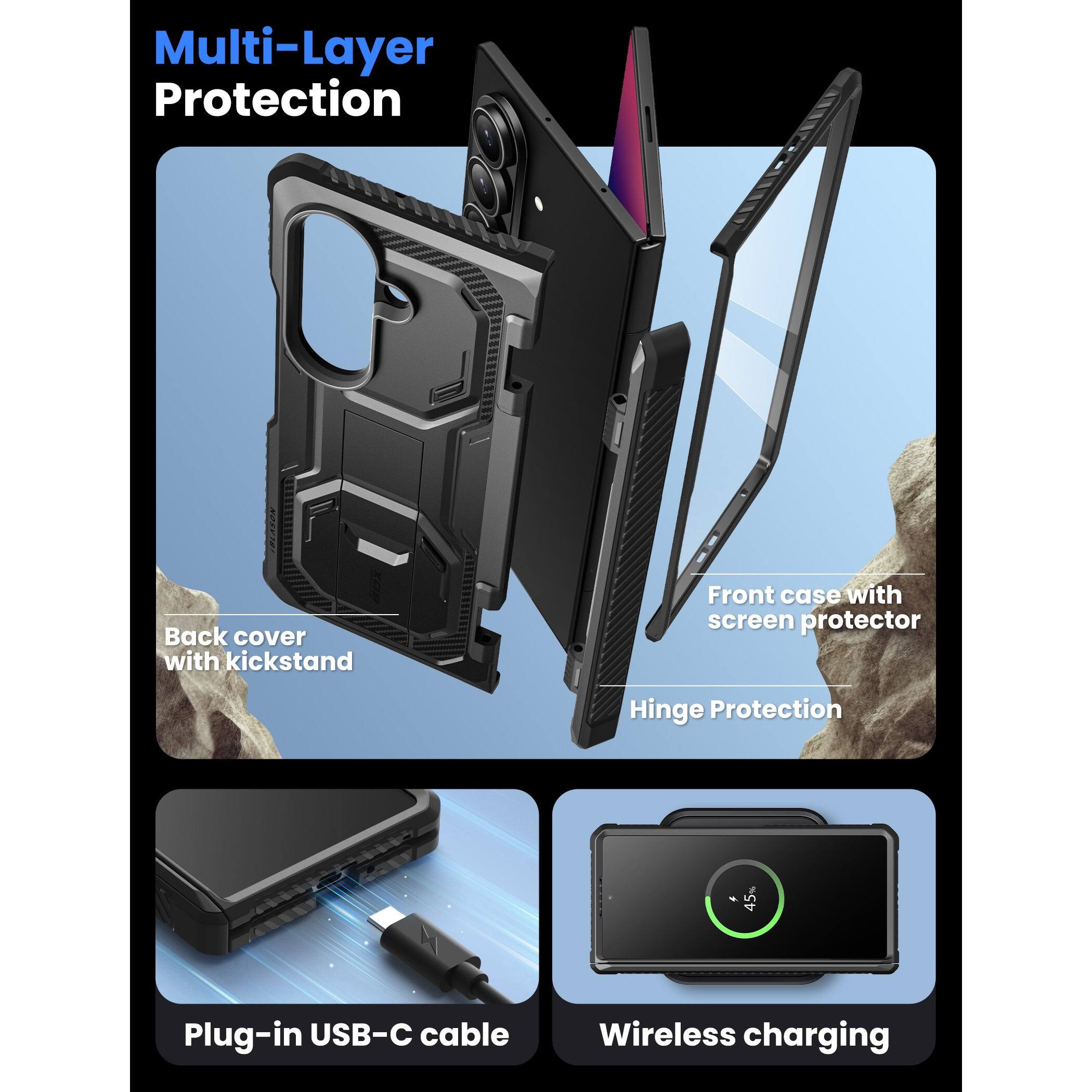 Multi-Layer Protection

- Back cover with kickstand
- Front case with screen protector
- Hinge Protection
- Plug-in USB-C cable
- Wireless charging