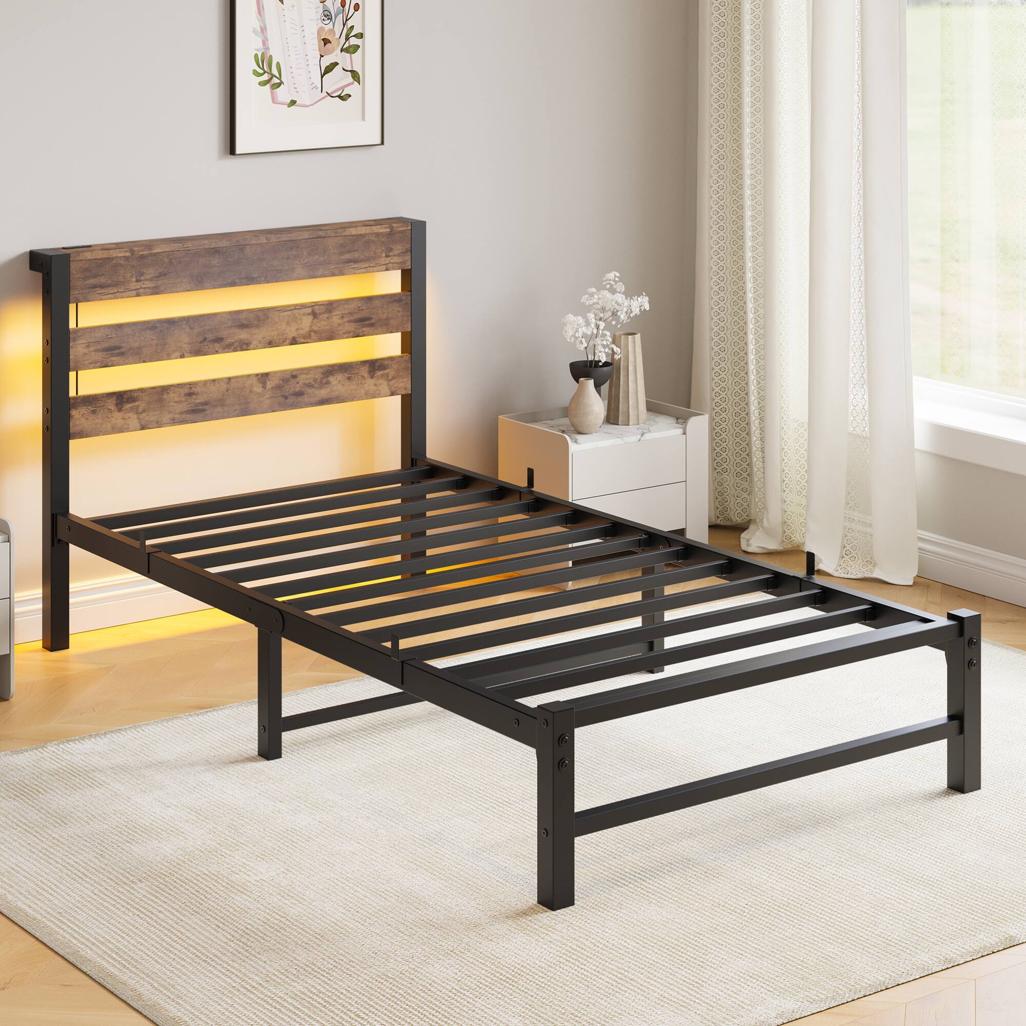 Alt View 2. GOODSILO - Heavy Duty Twin Size Platform Bed Frame with USB Charging, LED Lighting, and Under-Bed Storage - Beige+Brown.