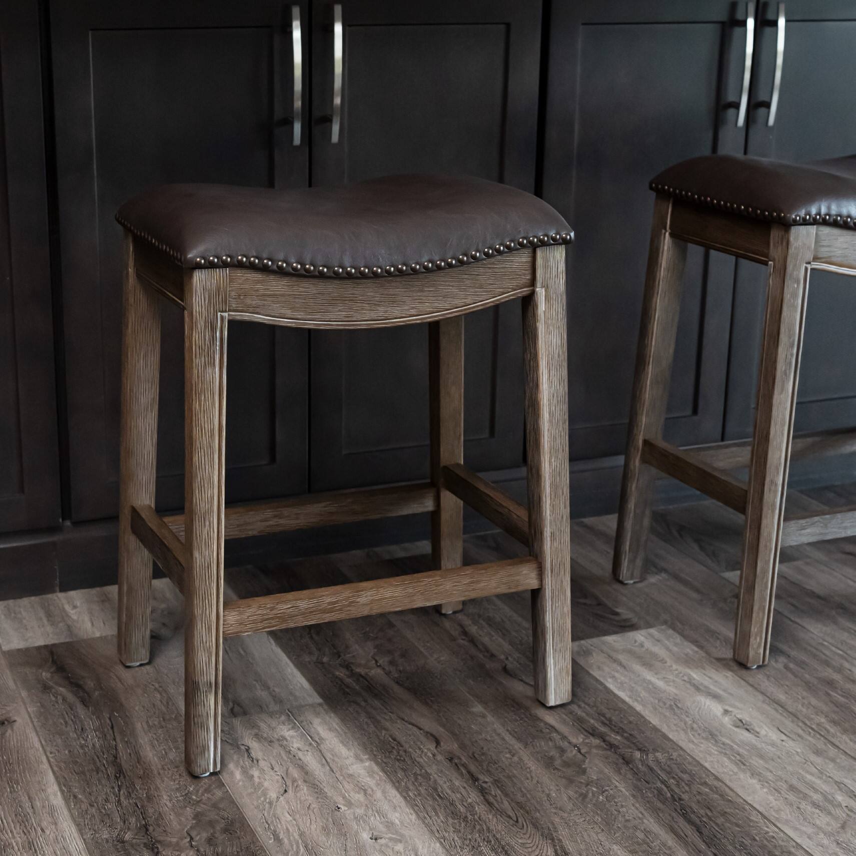 Angle. Maven Lane - 26" Adrien Saddle Counter Stool In Walnut Finish With Vegan Leather - Walnut.