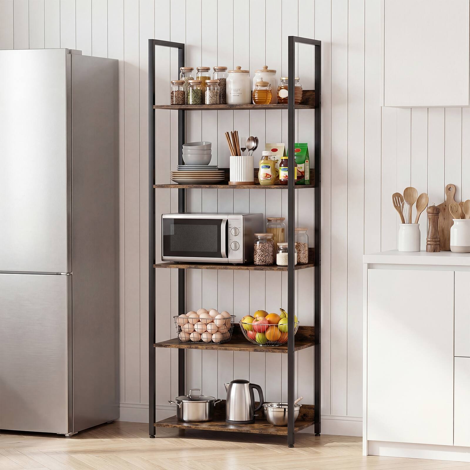 Alt View 1. Costway - Costway 5-Tier Bookshelf, Tall Wooden Open Bookcase with Back Panels and Metal Frame - Rustic Brown + Black.