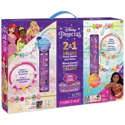 Disney Princess 2 in 1 Deluxe Charm and Beads Set - 67 PCS - Make 3 Bold Bracelets - Royal Jewels and Gems - Exclusive Moana Content - 21 Princess-Inspired Charms and Beads - 2 Make 3 Bracelets - 1 Perles - 1 Bangle - 1 Bracelet - 1 Beads - 1 Book Inside