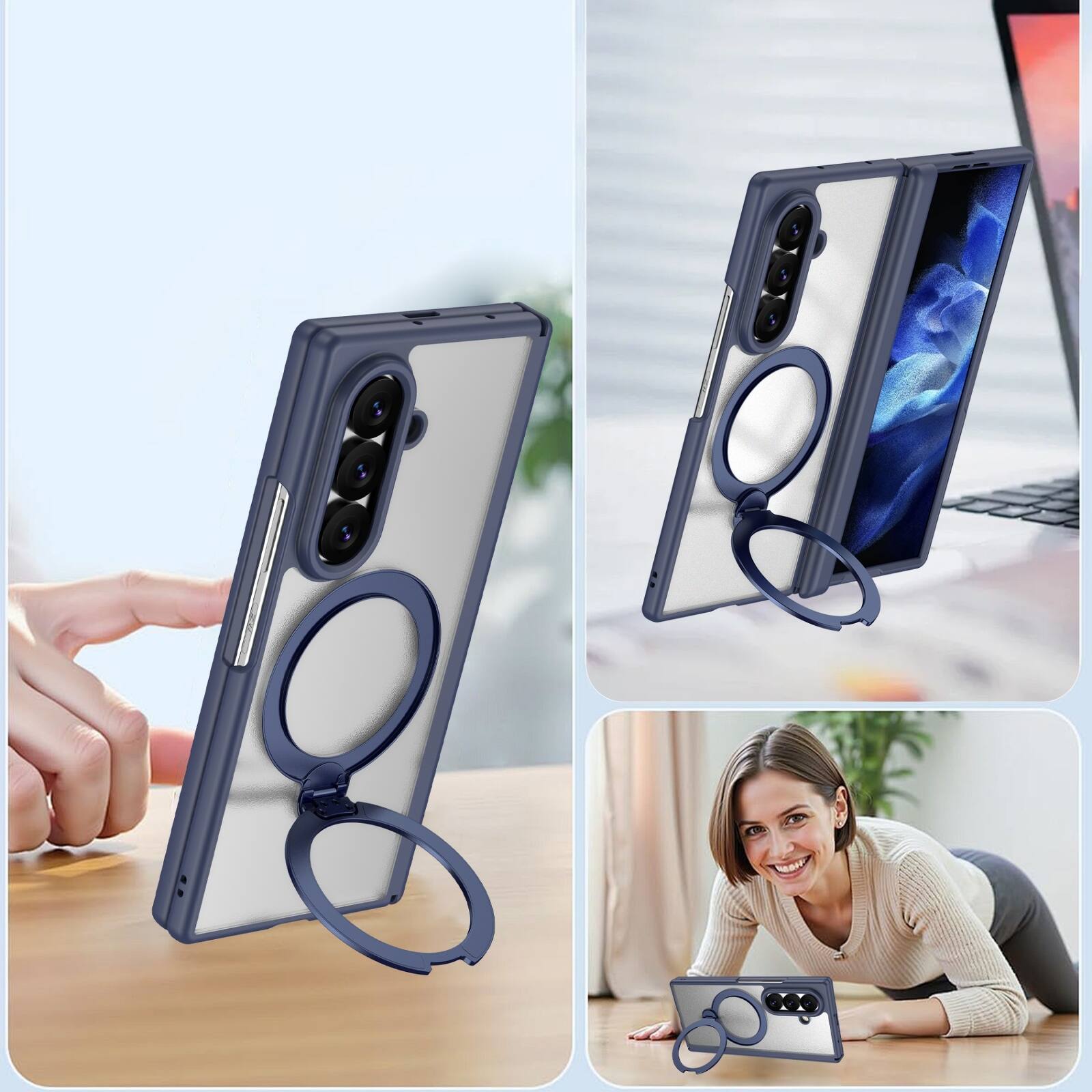 Back. Dteck - For Samsung Galaxy Z Fold8 Ultra Magnetic Case Built-in Screen Protector,Shockproof Ring Stand Clear Back Hinge Cover - Blue.