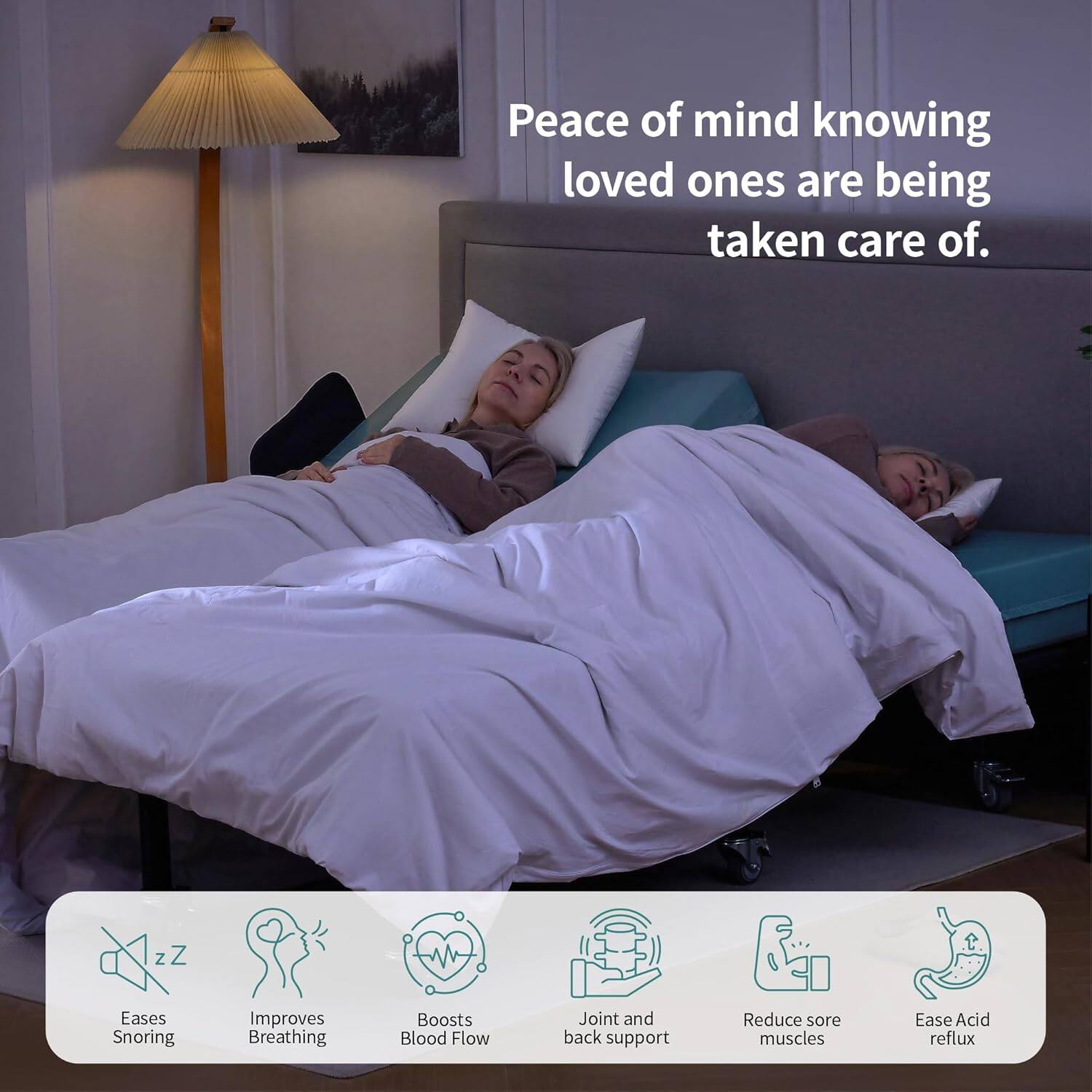 Peace of mind knowing loved ones are being taken care of. Eases Snoring Improves Breathing Boosts Blood Flow Joint and back support Reduce sore muscles Ease Acid reflux