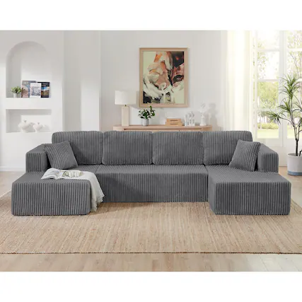 Front. GlowWise - 133'' Modular Sectional Couch, Modern U-Shaped Floor Sofa with Double Chaise Lounge, Comfy Corduroy Fabric Couch - Grey.