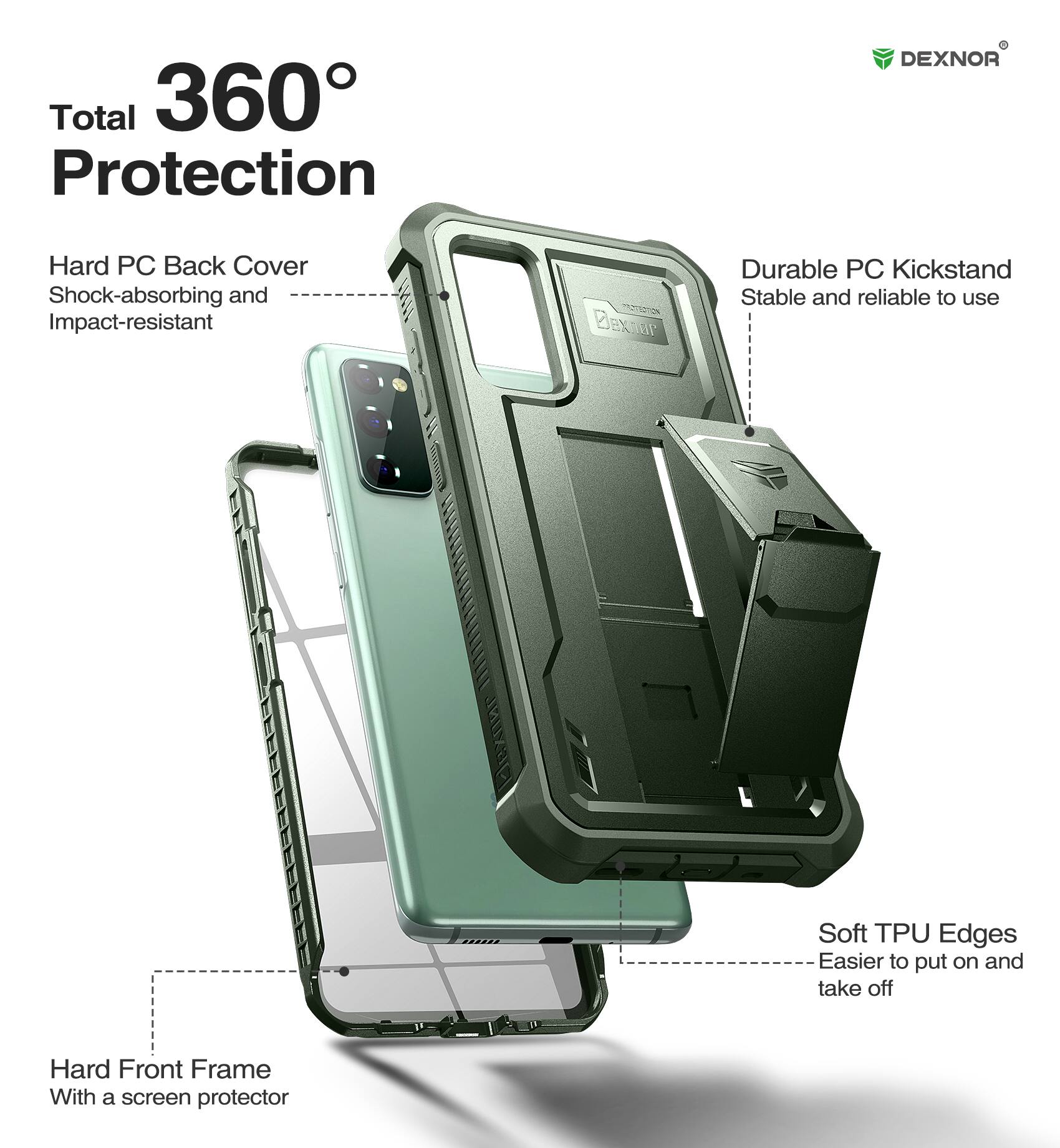 Total 360° Protection

- Hard PC Back Cover
  - Shock-absorbing and Impact-resistant

- Durable PC Kickstand
  - Stable and reliable to use

- Soft TPU Edges
  - Easier to put on and take off

- Hard Front Frame
  - With a screen protector