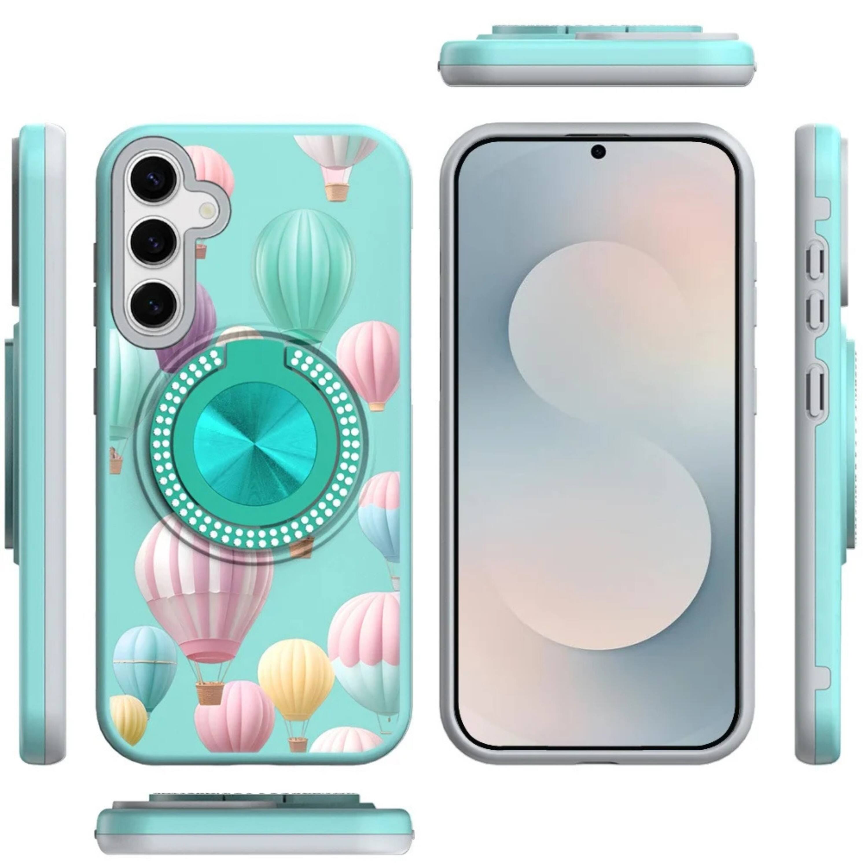 Angle. Kitcheniva - Printed Bling 360 Rotating Ring Stand Phone Case With Tempered Glass For Samsung S26 6.3 Inch Hot Air Balloon - Blue.