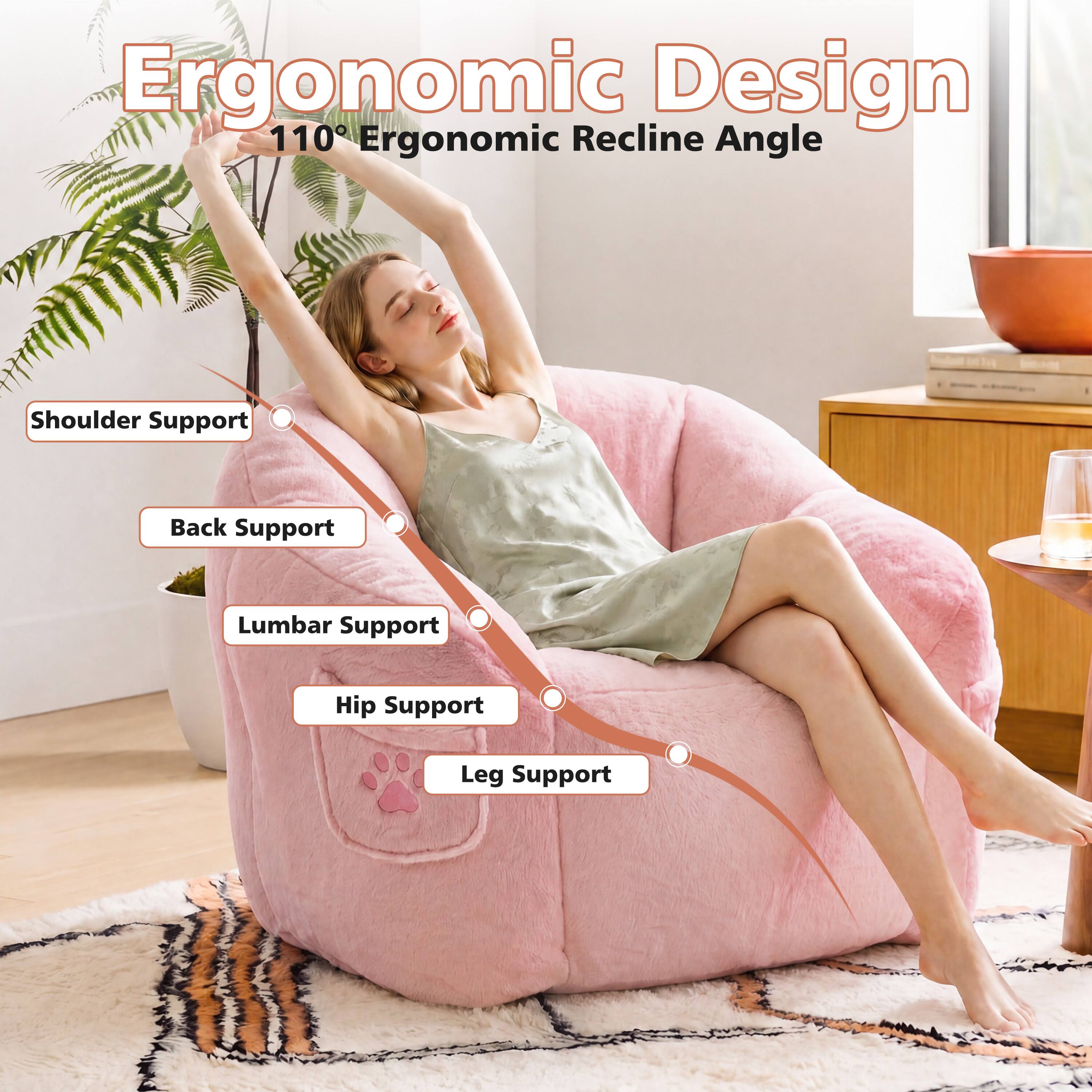 Ergonomic Design  
110° Ergonomic Recline Angle  
Shoulder Support  
Back Support  
Lumbar Support  
Hip Support  
Leg Support