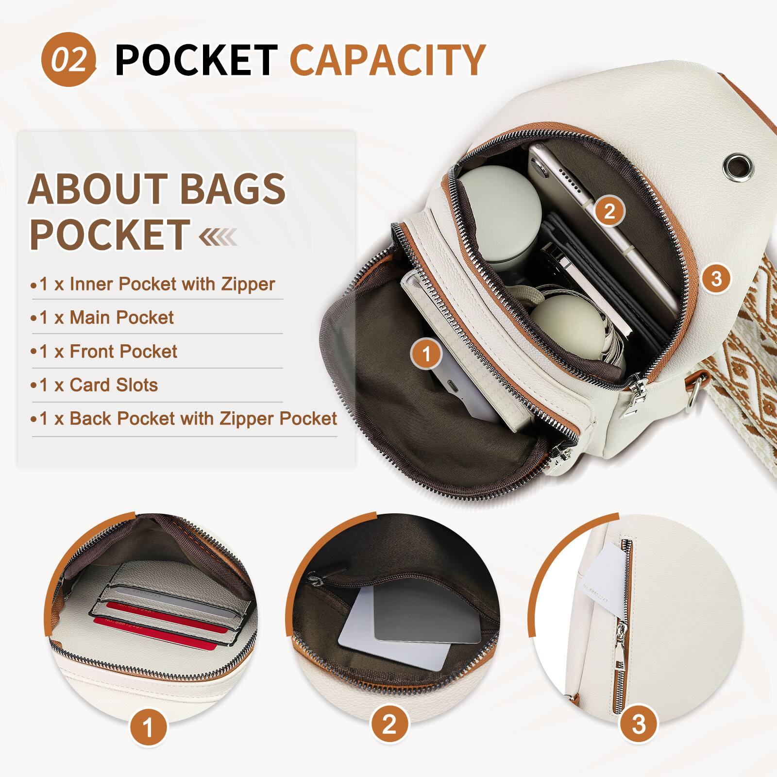 02 POCKET CAPACITY

ABOUT BAGS POCKET

- 1 x Inner Pocket with Zipper
- 1 x Main Pocket
- 1 x Front Pocket
- 1 x Card Slots
- 1 x Back Pocket with Zipper Pocket