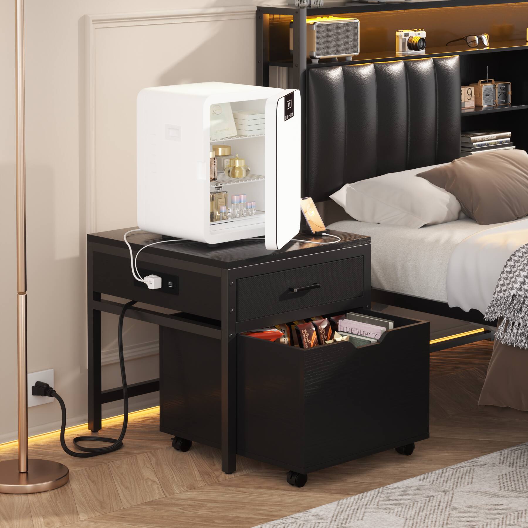 Left. Aheaplus - Rolling Mini Fridge & Microwave Stand with Drawer, Outlets - Heavy Duty for Dorm, Office & Apartment - Black.