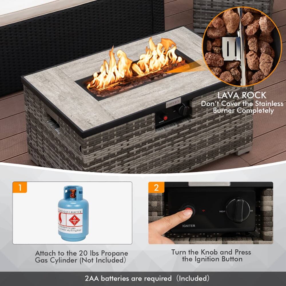 1. LAVA ROCK  
   Don't Cover the Stainless Burner Completely

2. GAS LIGHTER  
   Attach to the 20 lbs Propane Gas Cylinder (Not Included)  
   2AA batteries are required (Included)

3. IGNITER  
   Turn the Knob and Press the Ignition Button