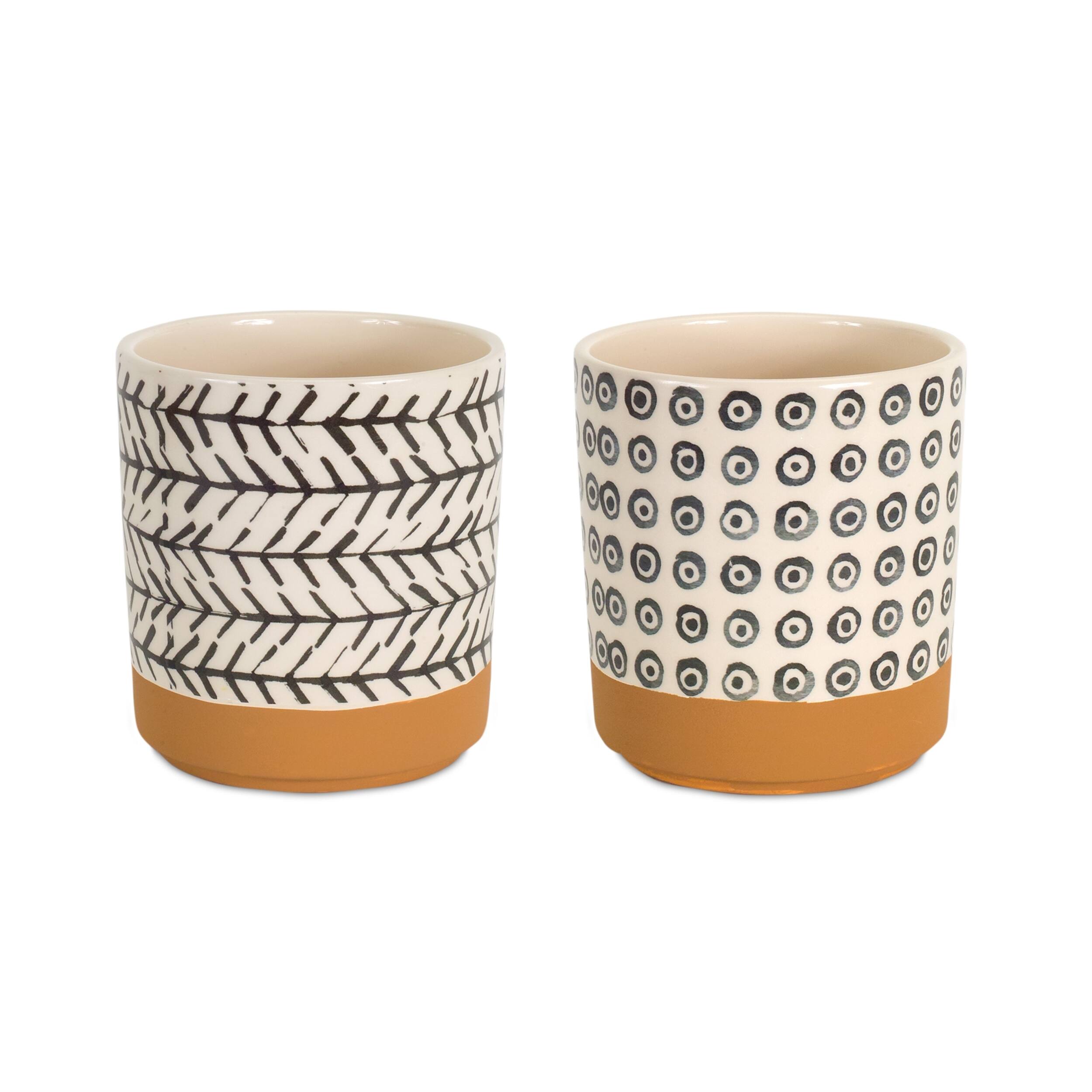Angle. BreeBe - Geometric Patterned Pot with Terra Cotta Accent (Set of 4) - Brown, White.