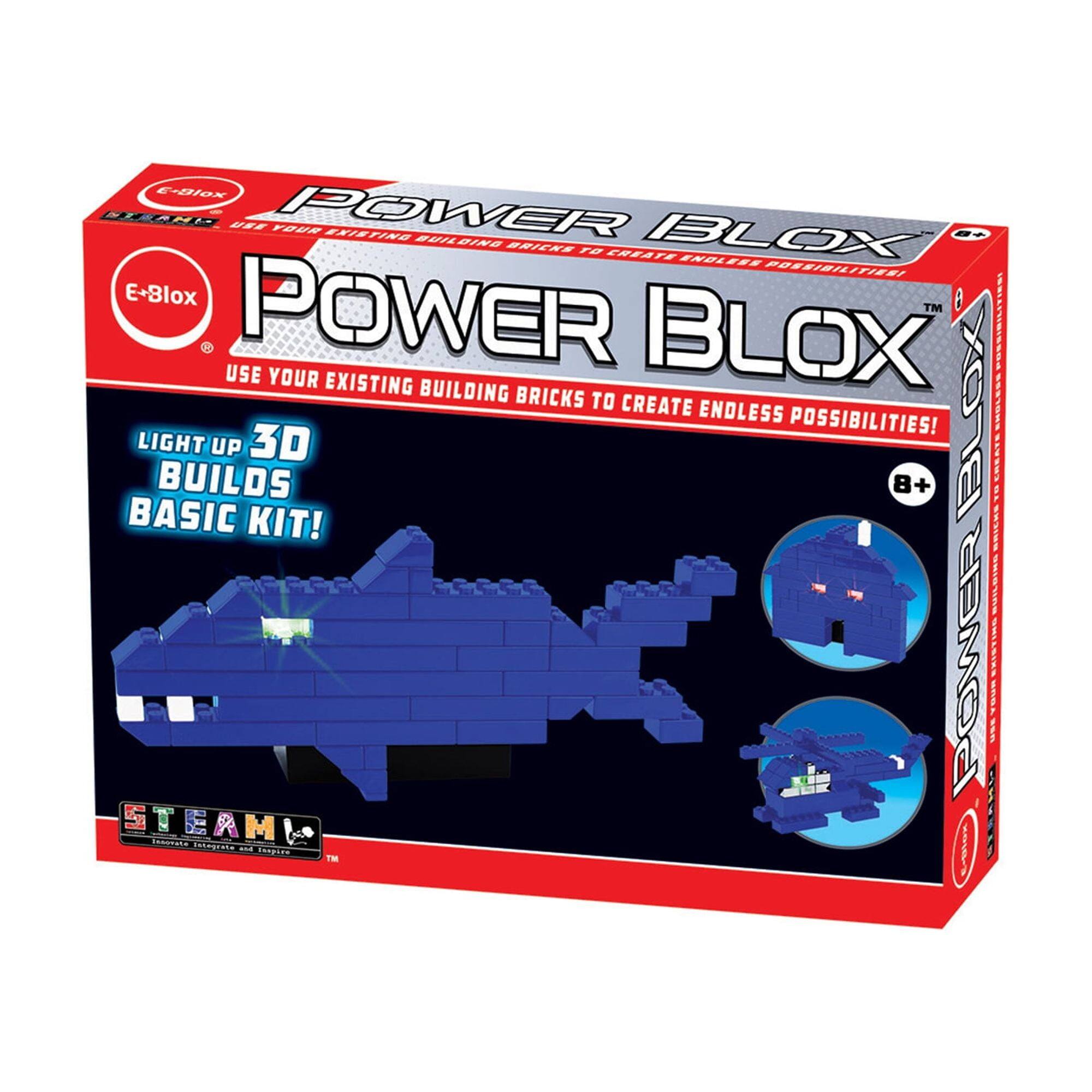 E-Blox POWER BLOX  
USE YOUR EXISTING BUILDING BRICKS TO CREATE ENDLESS POSSIBILITIES!  
LIGHT UP 3D BUILDS BASIC KIT!  
8+  
STEAM  
Science, Technology, Engineering, and Math