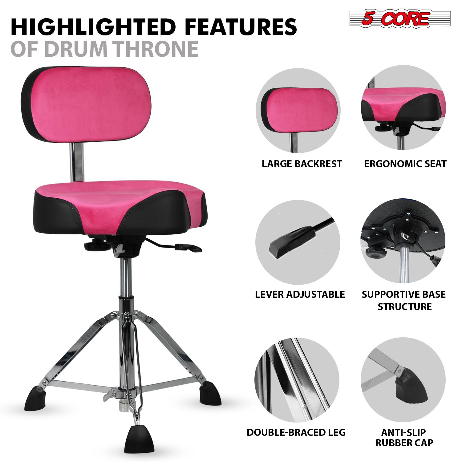 **Highlighted Features of Drum Throne**

- **5 Core**

1. **Large Backrest**
2. **Ergonomic Seat**
3. **Lever Adjustable**
4. **Supportive Base Structure**
5. **Double-Braced Leg**
6. **Anti-Slip Rubber Cap**