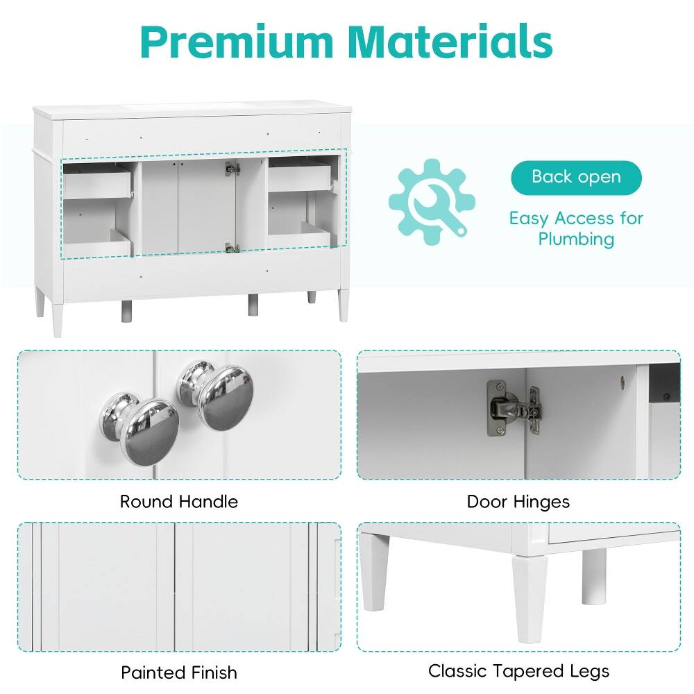 Premium Materials  
Back open  
Easy Access for Plumbing  
Round Handle  
Door Hinges  
Painted Finish  
Classic Tapered Legs