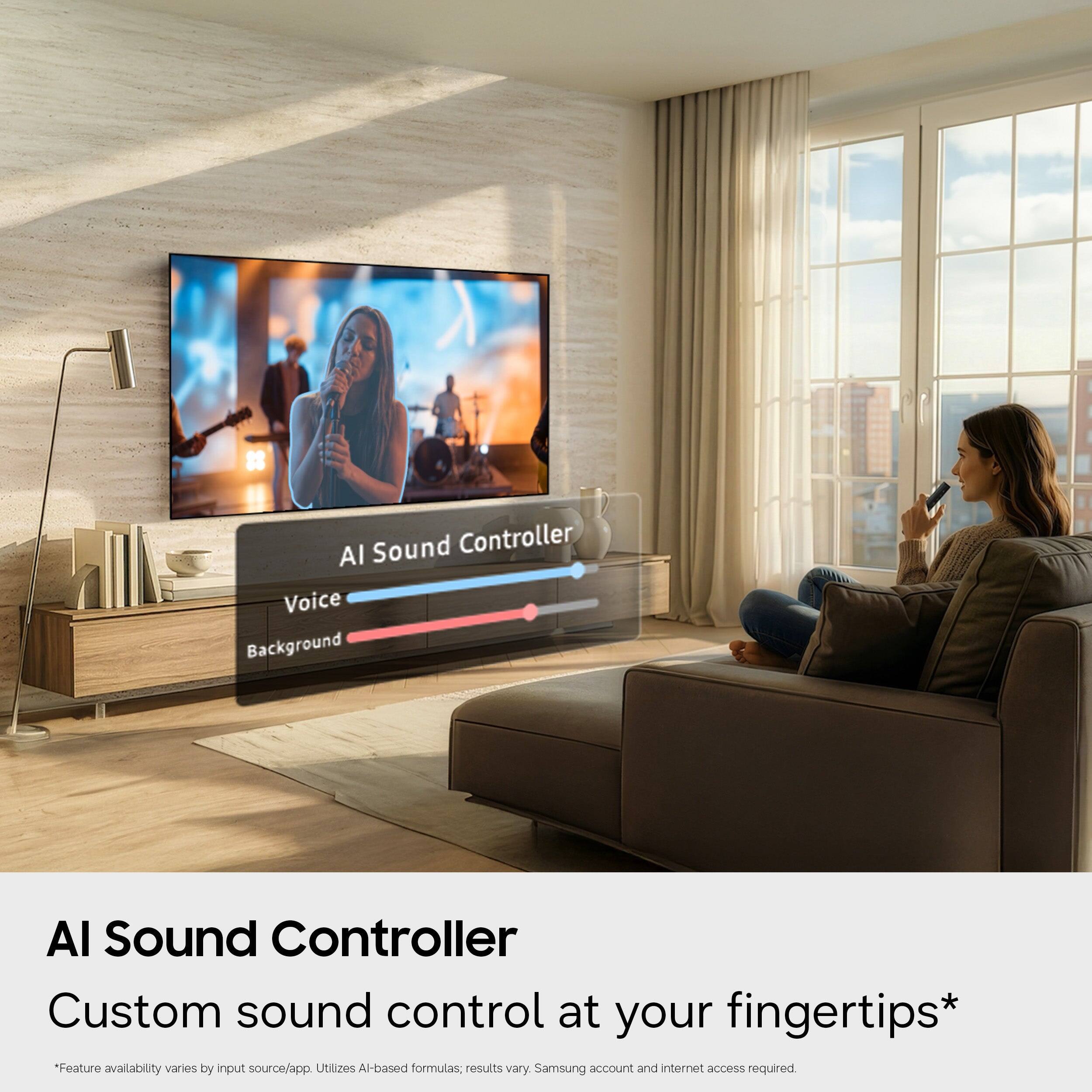 AI Sound Controller  
Custom sound control at your fingertips*  

*Feature availability varies by input source/app. Utilizes AI-based formulas, results vary. Samsung account and internet access required.