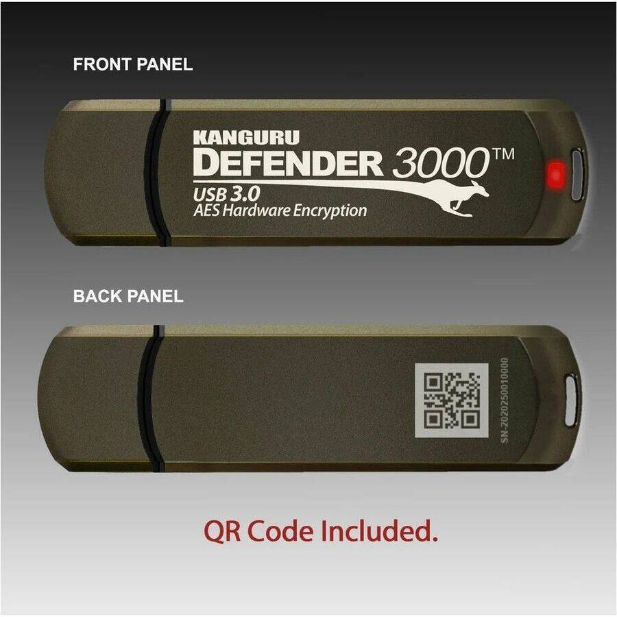 FRONT PANEL  
KANGURU DEFENDER 3000™  
USB 3.0  
AES Hardware Encryption  

BACK PANEL  
QR Code Included.  
SN: 2020250010000