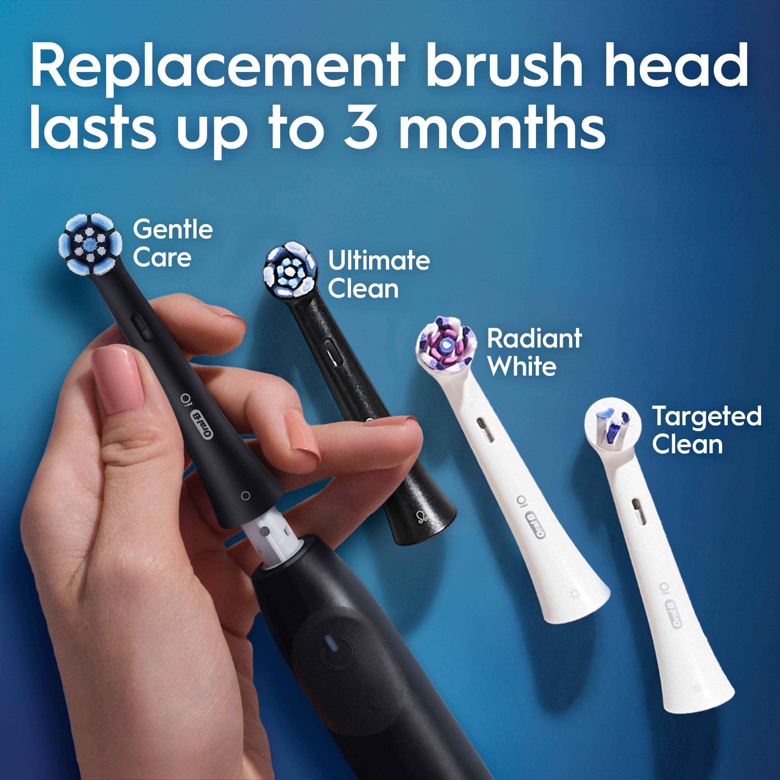 Replacement brush head lasts up to 3 months. Gentle Care, Ultimate Clean, Radiant White, and Targeted Clean are all Oral-B brush heads.