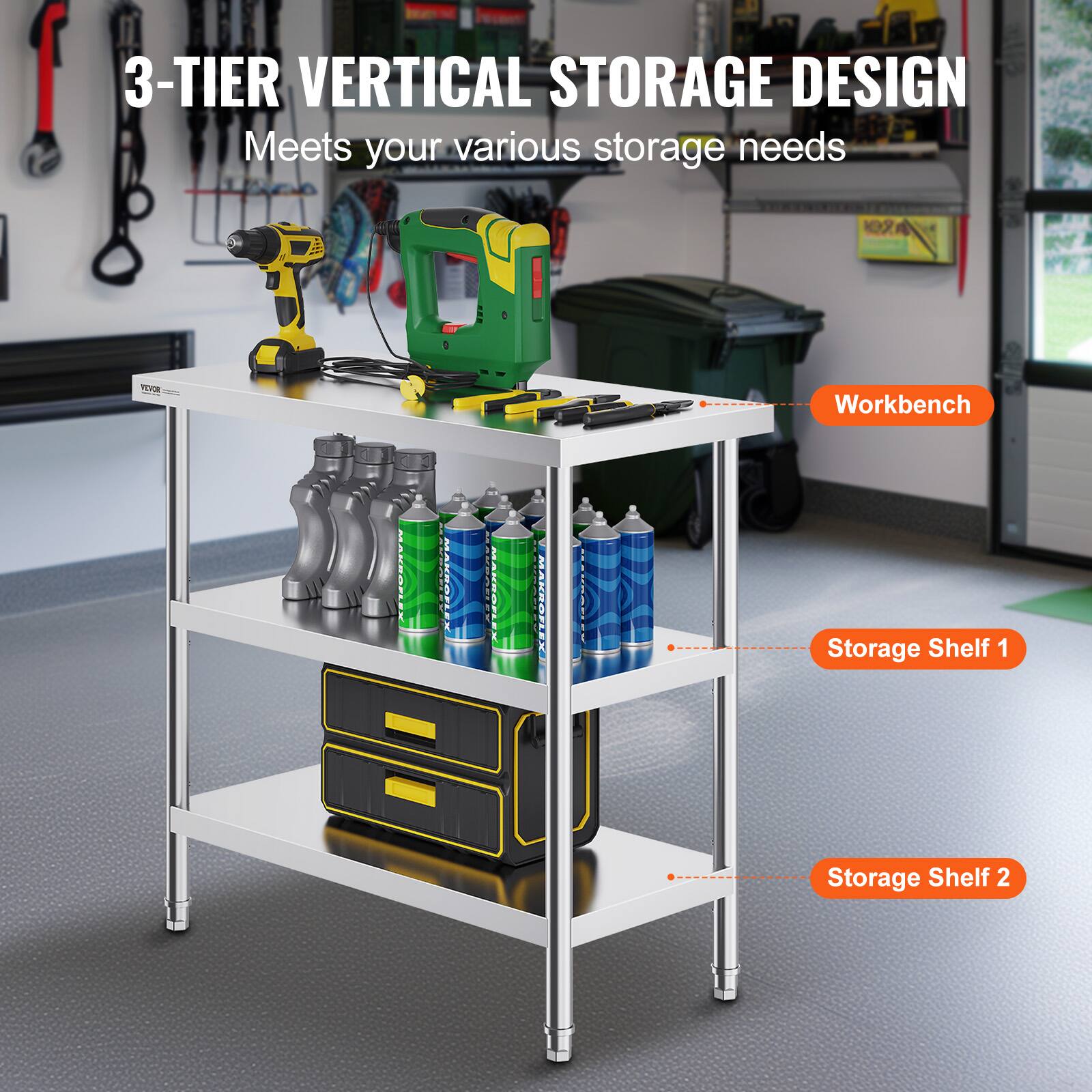 3-TIER VERTICAL STORAGE DESIGN  
Meets your various storage needs  

- Workbench  
- Storage Shelf 1  
- Storage Shelf 2