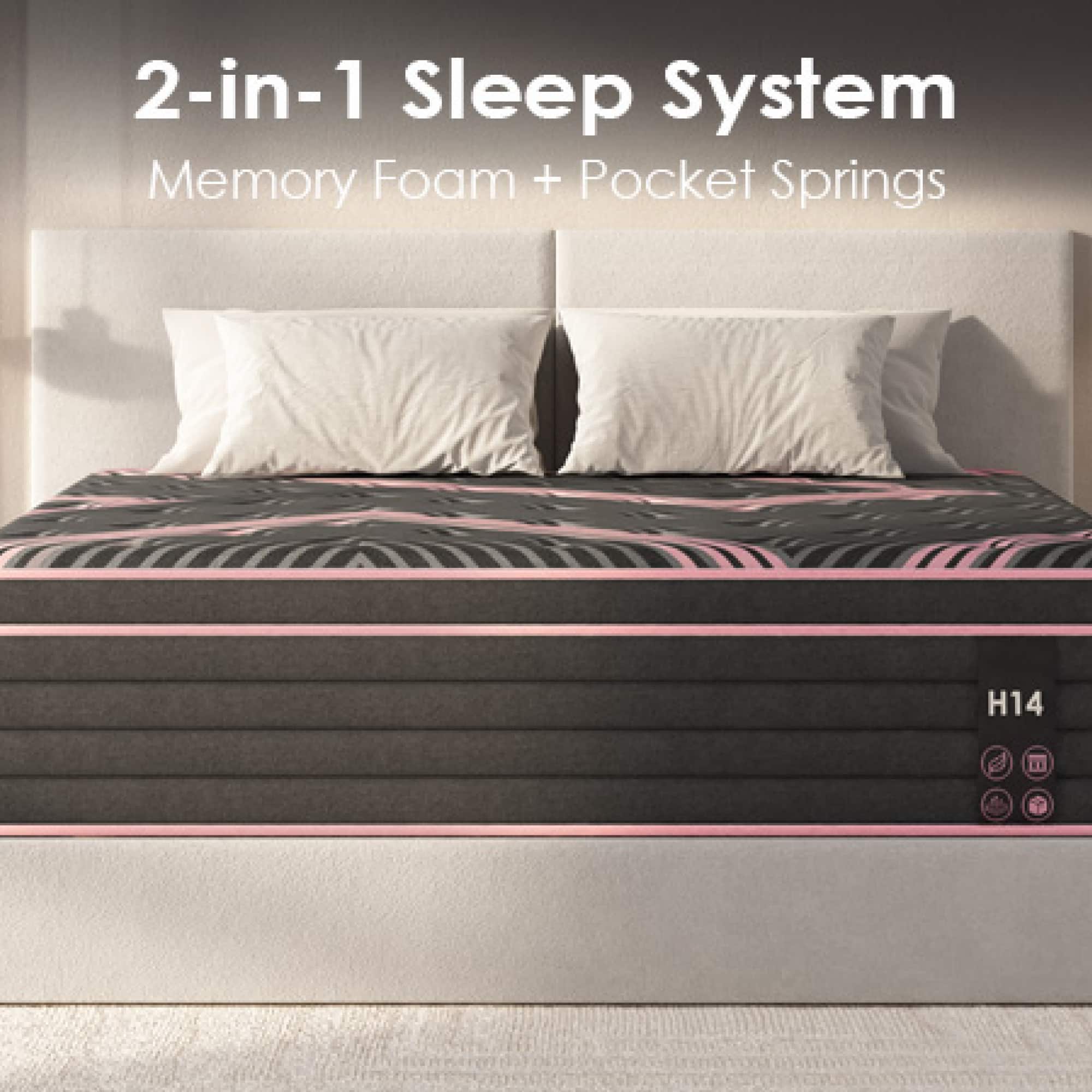 GOODSILO - 12 Inch Hybrid Pocket Spring Mattress with Memory Foam for Restful Medium Firm Support - Pink+Black