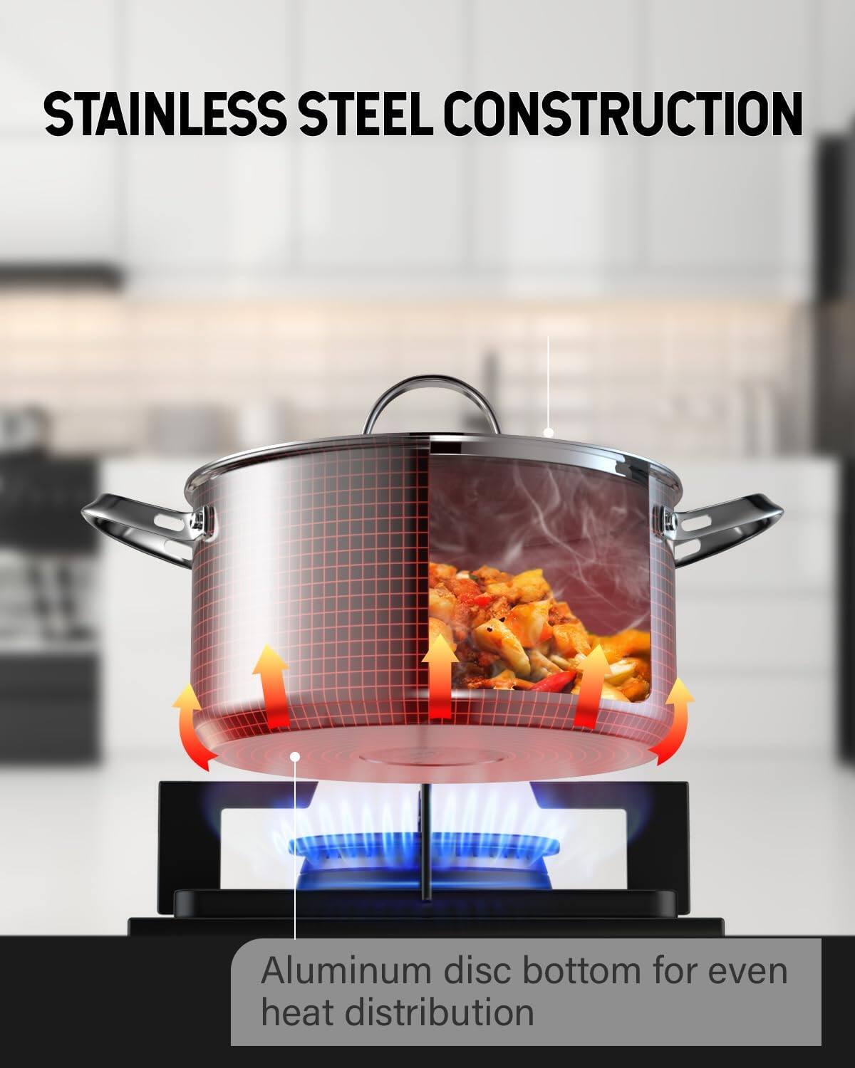 STAINLESS STEEL CONSTRUCTION

Aluminum disc bottom for even heat distribution