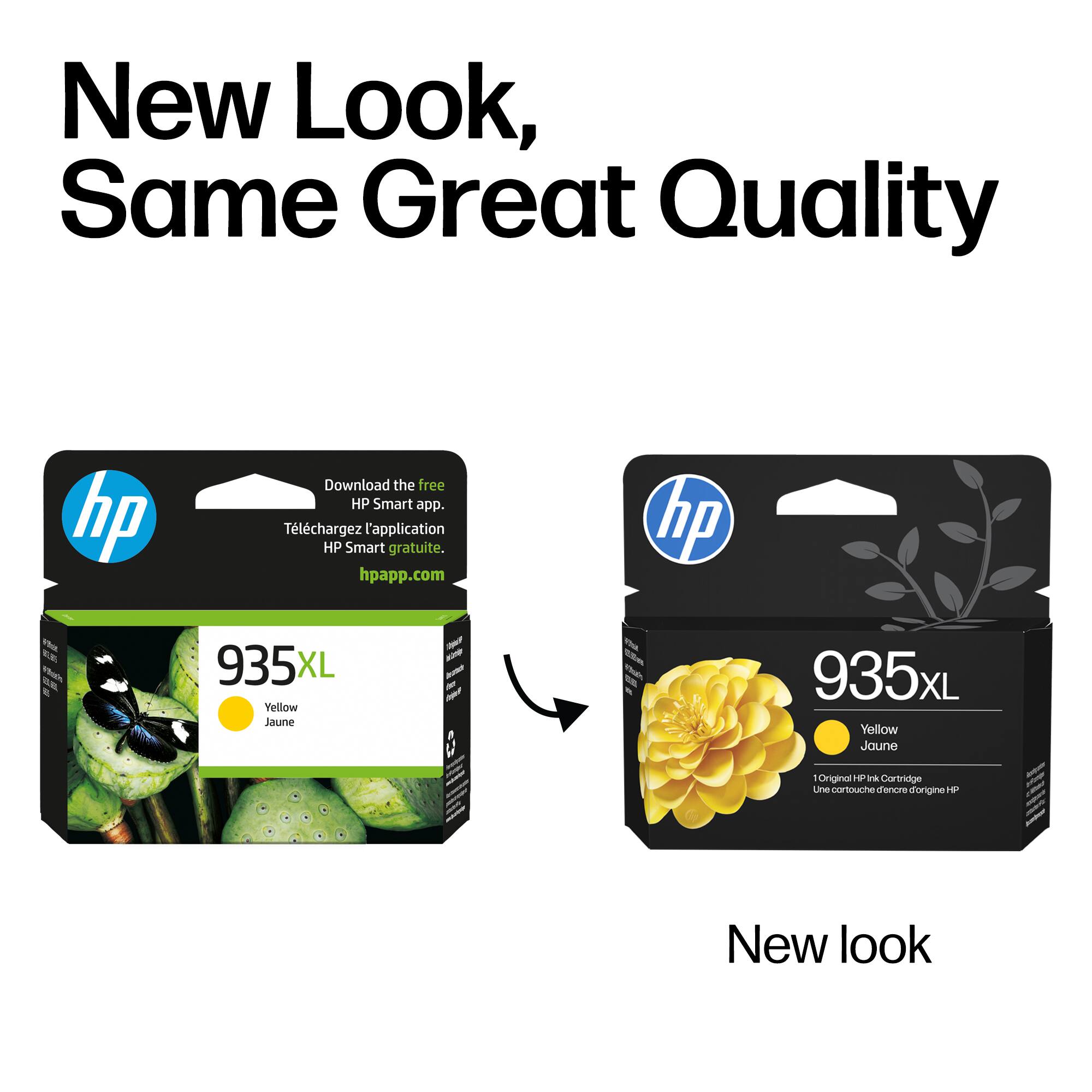 New Look, Same Great Quality

Download the free HP Smart app.  
Téléchargez l'application HP Smart gratuite.  
hpapp.com

935XL Yellow Jaune  
1 Original HP Ink Cartridge  
Une cartouche d'encre d'origine HP

New look