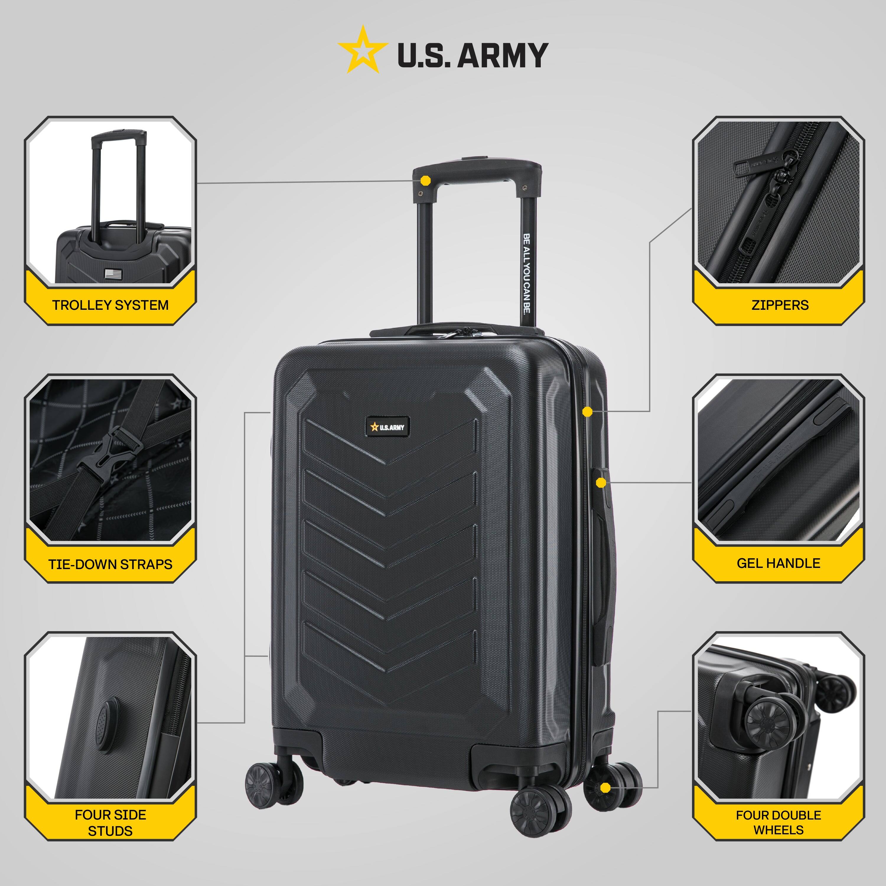 U.S. ARMY

- TROLLEY SYSTEM
- ZIPPER
- TIE-DOWN STRAPS
- GEL HANDLE
- FOUR SIDE STUDS
- FOUR DOUBLE WHEELS