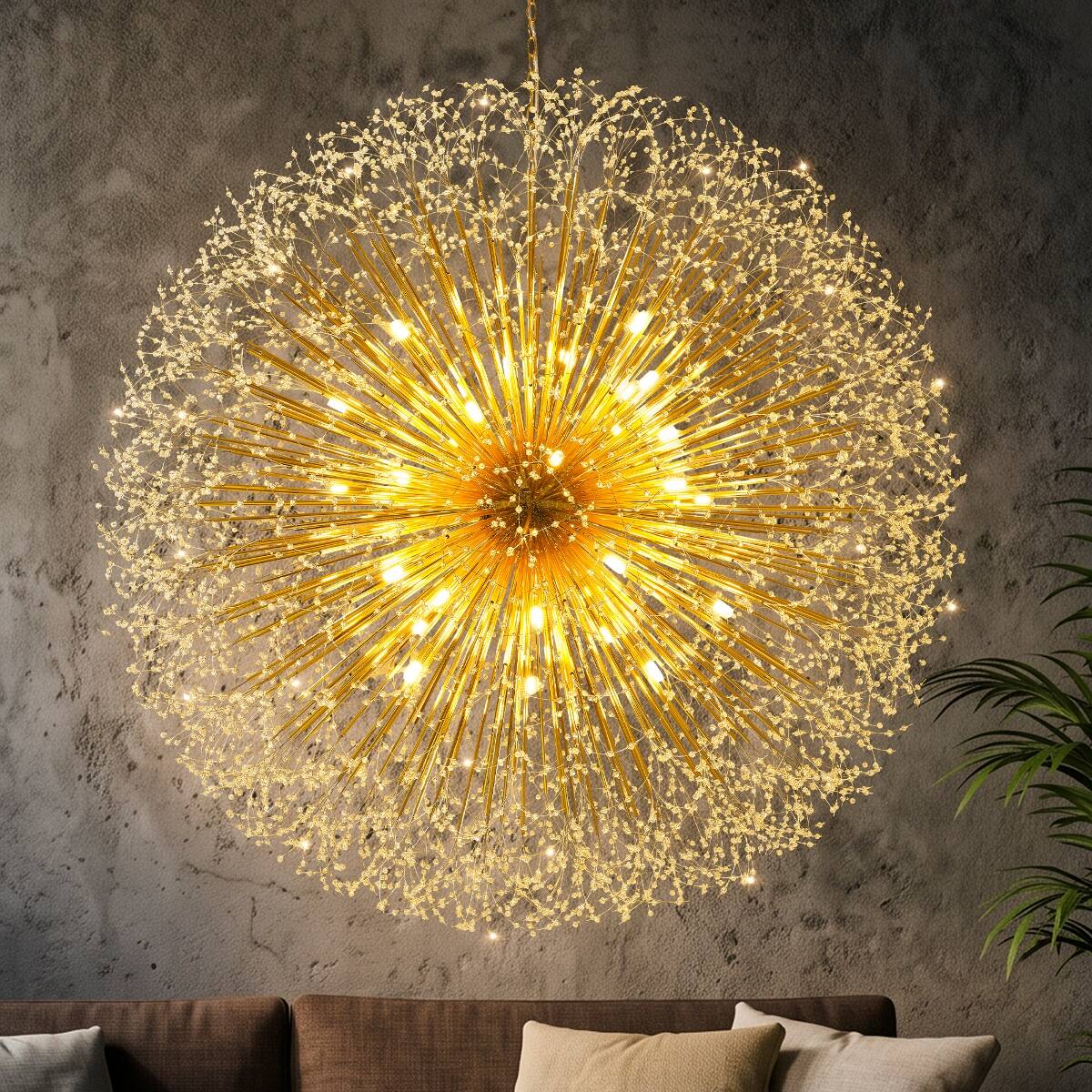 Front. Loheer - Loheer Extra Large Gold Crystal Chandelier, Modern Dandelion Firework Sputnik Light for High Ceilings.