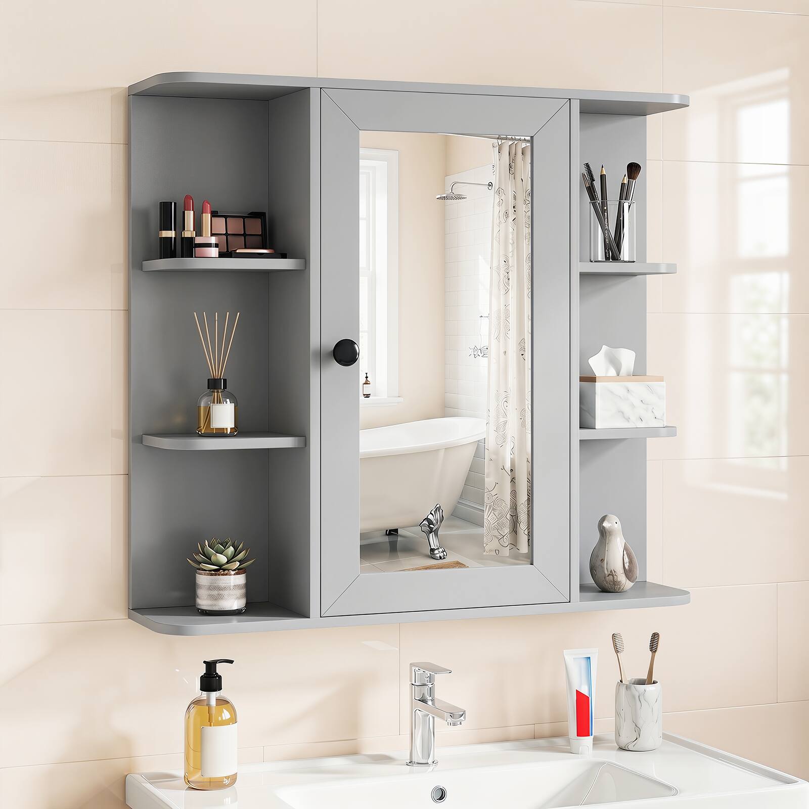 Alt View 1. Costway - Costway Wall Mounted Bathroom Medicine Cabinet with Mirror & Shelves, 3 Inner Shelves - Gray.