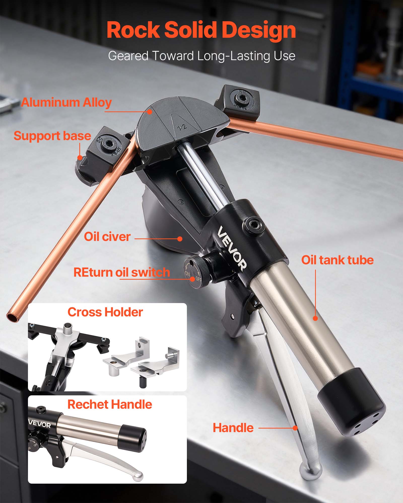 Rock Solid Design  
Geared Toward Long-Lasting Use  

- Aluminum Alloy  
- Support base  
- Oil civer  
- Return oil switch  
- Oil tank tube  
- Cross Holder  
- Ratchet Handle  
- Handle